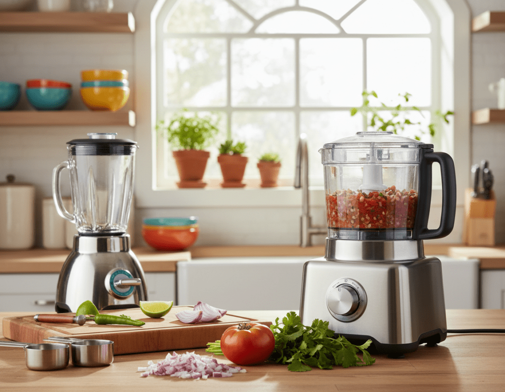 A bright and inviting kitchen countertop filled with various kitchen appliances and tools essential for salsa preparation. In the foreground, a vibrant red tomato, fresh cilantro, and chopped onions are arranged next to a modern food processor. In the middle, a blender, measuring cups, and a wooden cutting board are artfully displayed. The background features a sunny window with green plants and colorful ceramic bowls. Soft, natural lighting enhances the freshness of the ingredients, with a slight depth of field focusing on the appliances. The mood is cheerful and engaging, capturing a culinary atmosphere that inspires creativity in salsa making. The image should be clean and professional without any text or overlays.