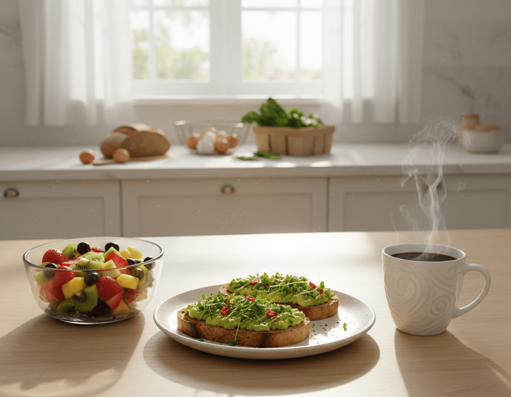 A bright and inviting kitchen scene showcasing quick breakfast recipes. In the foreground, a beautifully arranged wooden table displays a variety of colorful, healthy breakfast options: a bowl of vibrant fruit salad, a plate of avocado toast garnished with microgreens, and a steaming cup of freshly brewed coffee. The middle ground features a tidy kitchen counter with neatly stacked ingredients – bread, eggs, and greens – suggesting an easy cooking process. In the background, soft morning sunlight streams through a window, creating a warm, cheerful atmosphere. Use a shallow depth of field to focus on the breakfast items while softly blurring the kitchen setting. This image should evoke a sense of simplicity and delight, perfect for starting the day.