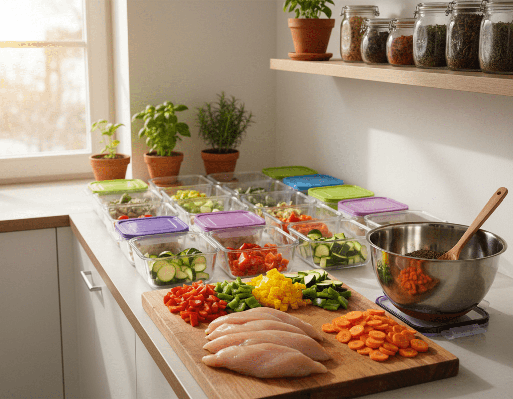 A bright and inviting kitchen scene showcasing the preparation of chicken breast meal prep. In the foreground, a wooden cutting board features neatly sliced chicken breasts, surrounded by colorful diced vegetables like bell peppers, zucchini, and carrots. Brightly colored meal prep containers await filling in the middle ground, while a large stainless steel bowl and a wooden spoon suggest mixing seasonings. The background shows a well-organized kitchen with herbs in pots and jars of spices on the shelf, under warm, natural lighting that enhances the appetizing atmosphere. The image is captured from a slightly elevated angle to provide a comprehensive view of the meal prep process, evoking a sense of healthiness and ease in cooking for larger quantities.
