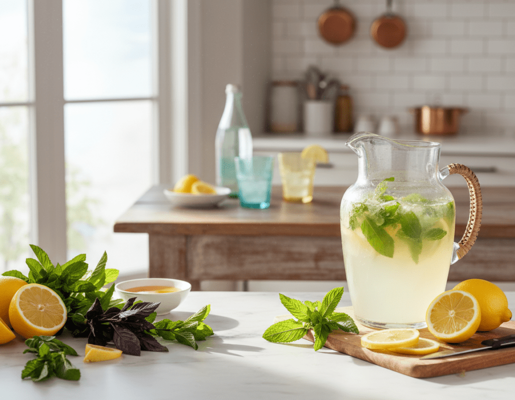 A bright and inviting kitchen scene showcasing the preparation of herbal lemonade. In the foreground, a glass pitcher filled with freshly squeezed lemonade, lightly infused with vibrant green herbs like mint and basil. Surrounding the pitcher are fresh herbs, slices of lemon, and a wooden cutting board with a knife. In the middle background, a rustic wooden table with additional ingredients like honey and sparkling water, and a few colorful glasses ready to be filled. Natural sunlight streams in through a nearby window, casting soft shadows and creating a warm, refreshing atmosphere. The overall mood is cheerful and inviting, perfect for a summer beverage preparation.