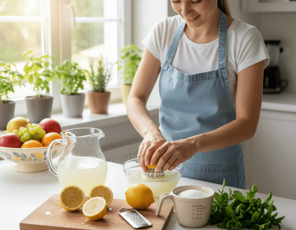 A bright and inviting kitchen scene showcasing the step-by-step process of making homemade lemonade. In the foreground, a wooden cutting board with fresh, halved lemons and a zester, along with a glass pitcher filled with a refreshing yellow liquid. Nearby, there's a measuring cup filled with sugar and a pile of mint leaves, hinting at flavor additions. In the middle ground, a woman in a light blue apron is juicing lemons with a manual juicer, her expression focused and joyful. The background features a sunlit window with potted herbs and a colorful fruit bowl, contributing to a warm and cheerful atmosphere. Soft, natural lighting enhances the vibrant colors, creating an inviting and fresh mood. The perspective is slightly elevated, capturing the action from above, giving a clear view of the ingredients and process.