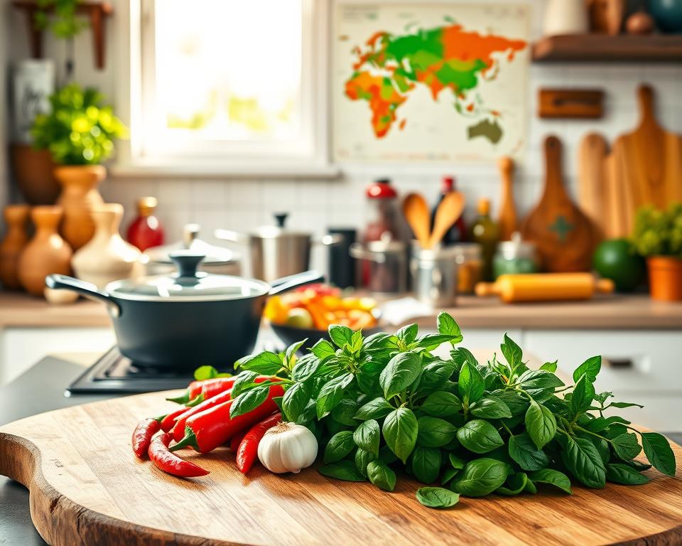 A bright and inviting kitchen setting featuring a rich variety of international cooking equipment. In the foreground, a beautiful wooden cutting board is adorned with vibrant, fresh vegetables and herbs, such as basil, chili peppers, and garlic. The middle layer reveals a collection of pots, pans, and utensils from different cultures, including a wok, a tagine, and a rolling pin, all neatly arranged on a kitchen countertop. In the background, warm sunlight streams through a window, illuminating traditional spices in decorative jars and a world map on the wall, suggesting culinary exploration. The overall mood is inspiring and cozy, encouraging creativity in the kitchen. The image is shot from a slightly elevated angle to capture the full depth of the kitchen space, enhancing the sense of warmth and global culinary adventure.