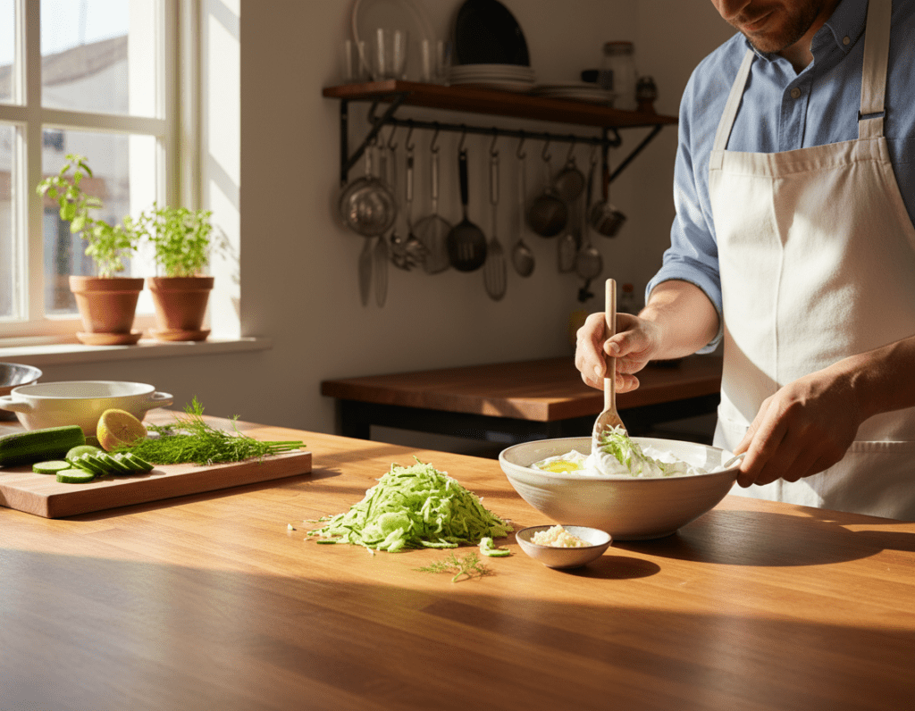 A bright and inviting kitchen setting with a large wooden countertop in the foreground, showcasing the step-by-step preparation of tzatziki. On the counter, there’s a bowl of creamy yogurt, fresh grated cucumber, minced garlic, a drizzle of olive oil, and sprigs of dill artfully arranged. A wooden spoon rests beside the bowl, while a cutting board with fresh vegetables is slightly visible. The middle ground features a skilled chef, dressed in a modest white apron and casual attire, mixing the ingredients with concentration. Natural light filters through a window, casting a warm, cheerful glow over the scene. In the background, kitchen utensils and an herb pot contribute to a cozy cooking atmosphere, evoking a sense of homemade tradition and culinary exploration. A bright and inviting kitchen setting with a large wooden countertop in the foreground, showcasing the step-by-step preparation of tzatziki. On the counter, there’s a bowl of creamy yogurt, fresh grated cucumber, minced garlic, a drizzle of olive oil, and sprigs of dill artfully arranged. A wooden spoon rests beside the bowl, while a cutting board with fresh vegetables is slightly visible. The middle ground features a skilled chef, dressed in a modest white apron and casual attire, mixing the ingredients with concentration. Natural light filters through a window, casting a warm, cheerful glow over the scene. In the background, kitchen utensils and an herb pot contribute to a cozy cooking atmosphere, evoking a sense of homemade tradition and culinary exploration.