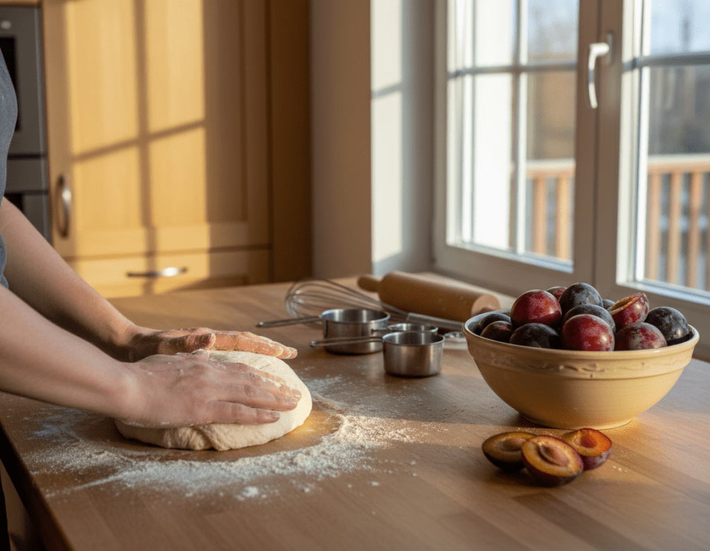A bright, inviting kitchen scene featuring a wooden countertop where a person is skillfully preparing dough for Zwetschgenkuchen. In the foreground, hands kneading a smooth, glossy dough, dusted lightly with flour, while a bowl of ripe purple plums sits nearby, sliced open to reveal their golden-yellow flesh. In the middle of the image, kitchen utensils like a rolling pin and measuring cups are neatly arranged, conveying an organized cooking space. The background showcases warm wooden cabinets and sunlight streaming through a window, creating a cozy atmosphere. The scene is shot from a slightly elevated angle, emphasizing the action of dough preparation. Soft, natural lighting accentuates the textures of the dough and the vibrancy of the plums, enhancing the appealing, homely mood of baking. A bright, inviting kitchen scene featuring a wooden countertop where a person is skillfully preparing dough for Zwetschgenkuchen. In the foreground, hands kneading a smooth, glossy dough, dusted lightly with flour, while a bowl of ripe purple plums sits nearby, sliced open to reveal their golden-yellow flesh. In the middle of the image, kitchen utensils like a rolling pin and measuring cups are neatly arranged, conveying an organized cooking space. The background showcases warm wooden cabinets and sunlight streaming through a window, creating a cozy atmosphere. The scene is shot from a slightly elevated angle, emphasizing the action of dough preparation. Soft, natural lighting accentuates the textures of the dough and the vibrancy of the plums, enhancing the appealing, homely mood of baking.