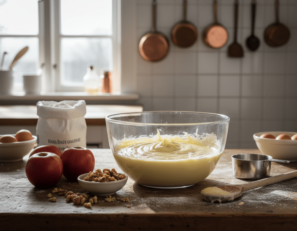 A bright, inviting kitchen scene showcasing the step-by-step preparation of Rührteig for Apfelnusskuchen. In the foreground, a large glass mixing bowl filled with a creamy, golden batter sits on a rustic wooden countertop, surrounded by fresh ingredients like apples, chopped nuts, flour, and eggs. The middle ground features a well-used wooden spoon, a measuring cup, and a scattered dusting of flour, emphasizing a cozy, homey atmosphere. In the background, soft natural light filters through a window, casting gentle shadows and highlighting kitchen utensils hanging on the wall. The overall mood is warm and welcoming, perfect for a baking adventure. Focus on clarity and detail, capturing the essence of baking with a hint of nostalgia. A bright, inviting kitchen scene showcasing the step-by-step preparation of Rührteig for Apfelnusskuchen. In the foreground, a large glass mixing bowl filled with a creamy, golden batter sits on a rustic wooden countertop, surrounded by fresh ingredients like apples, chopped nuts, flour, and eggs. The middle ground features a well-used wooden spoon, a measuring cup, and a scattered dusting of flour, emphasizing a cozy, homey atmosphere. In the background, soft natural light filters through a window, casting gentle shadows and highlighting kitchen utensils hanging on the wall. The overall mood is warm and welcoming, perfect for a baking adventure. Focus on clarity and detail, capturing the essence of baking with a hint of nostalgia.