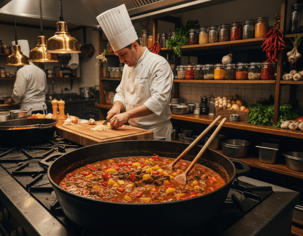 A bustling kitchen scene showcasing a large pot of goulash soup being prepared in generous quantities. In the foreground, a massive pot simmering on a sturdy stove, filled with rich, hearty goulash, featuring vibrant chunks of potatoes, bell peppers, and tender meat. A few wooden utensils are visible, stirring the mixture. In the middle ground, a chef, wearing a professional white apron and a chef’s hat, diligently chopping onions and garlic on a cutting board, creating a sense of action and expertise. The background reveals shelves stocked with spices and vegetables, softly illuminated by warm, inviting kitchen lighting. The atmosphere is warm and lively, suggesting a communal cooking experience. The lens captures the scene from a slight overhead angle, adding depth and inviting viewers into the cooking process. A bustling kitchen scene showcasing a large pot of goulash soup being prepared in generous quantities. In the foreground, a massive pot simmering on a sturdy stove, filled with rich, hearty goulash, featuring vibrant chunks of potatoes, bell peppers, and tender meat. A few wooden utensils are visible, stirring the mixture. In the middle ground, a chef, wearing a professional white apron and a chef’s hat, diligently chopping onions and garlic on a cutting board, creating a sense of action and expertise. The background reveals shelves stocked with spices and vegetables, softly illuminated by warm, inviting kitchen lighting. The atmosphere is warm and lively, suggesting a communal cooking experience. The lens captures the scene from a slight overhead angle, adding depth and inviting viewers into the cooking process.