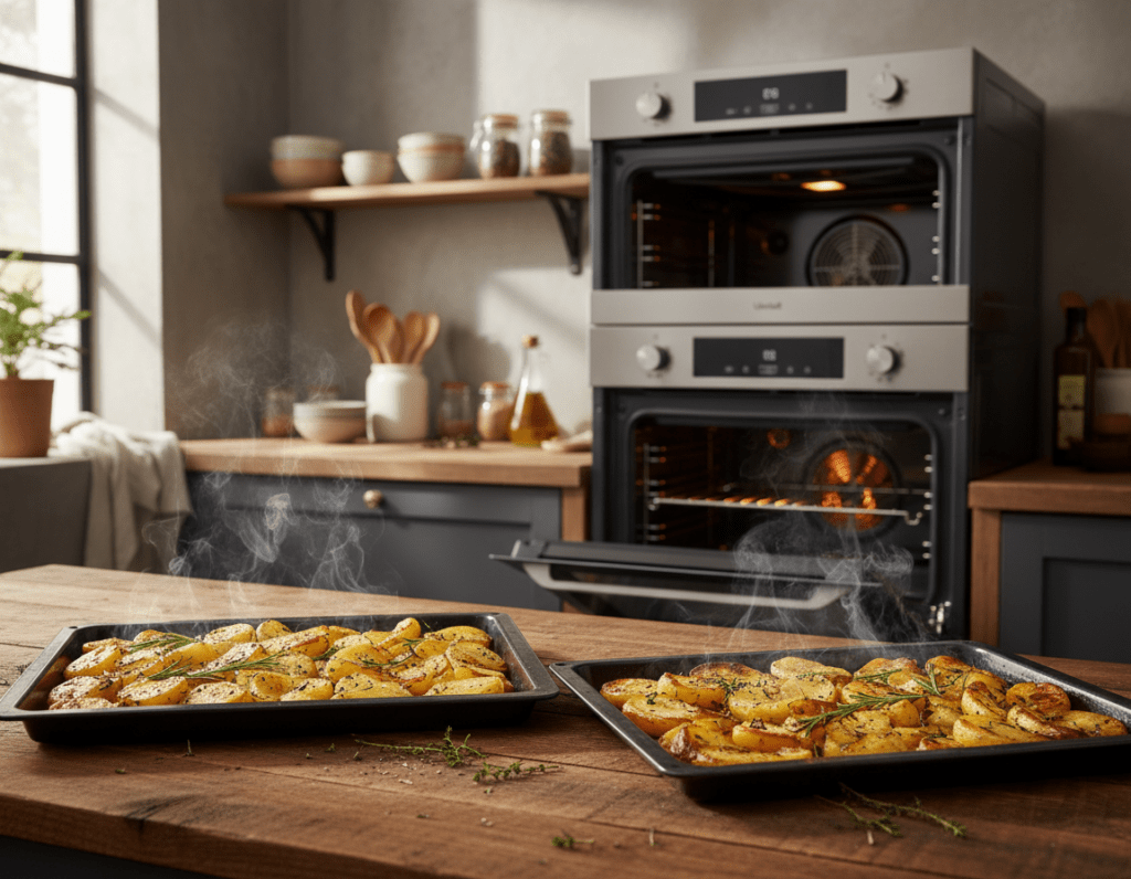 A captivating kitchen scene showcasing two trays of Ofenkartoffeln, one prepared with Umluft (convection) and the other with Ober-Unterhitze (top and bottom heat). In the foreground, display the crispy golden-brown potatoes with a sprinkle of herbs, steam wafting upward to emphasize their freshly baked state. In the middle ground, include a stylish oven with the two cooking methods being compared, showcasing the distinct heat elements visibly glowing. The background features a cozy, warmly lit kitchen with utensils and condiments neatly arranged, adding homely charm. Illuminate the scene with soft, natural light from a nearby window, casting gentle shadows for depth. The atmosphere should be inviting and mouth-watering, enticing viewers to explore which method yields the ultimate Ofenkartoffeln. A captivating kitchen scene showcasing two trays of Ofenkartoffeln, one prepared with Umluft (convection) and the other with Ober-Unterhitze (top and bottom heat). In the foreground, display the crispy golden-brown potatoes with a sprinkle of herbs, steam wafting upward to emphasize their freshly baked state. In the middle ground, include a stylish oven with the two cooking methods being compared, showcasing the distinct heat elements visibly glowing. The background features a cozy, warmly lit kitchen with utensils and condiments neatly arranged, adding homely charm. Illuminate the scene with soft, natural light from a nearby window, casting gentle shadows for depth. The atmosphere should be inviting and mouth-watering, enticing viewers to explore which method yields the ultimate Ofenkartoffeln.