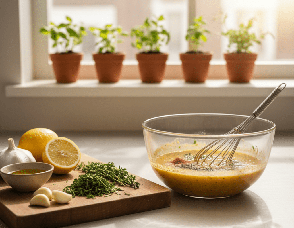 A clean and vibrant kitchen countertop, with fresh ingredients laid out for a low-calorie marinade preparation. In the foreground, a wooden cutting board showcases finely chopped herbs like rosemary and thyme, alongside fresh lemon, garlic cloves, and a small bowl of olive oil. The middle ground features a mixing bowl with a homemade marinade, its texture smooth and colorful from spices and ingredients. In the background, a soft-focus view of a windowsill filled with potted herbs and sunlight streaming in, creating a warm and inviting atmosphere. The lighting is bright and natural, enhancing the freshness of the ingredients. Capture the essence of healthy cooking with a practical and engaging composition.
