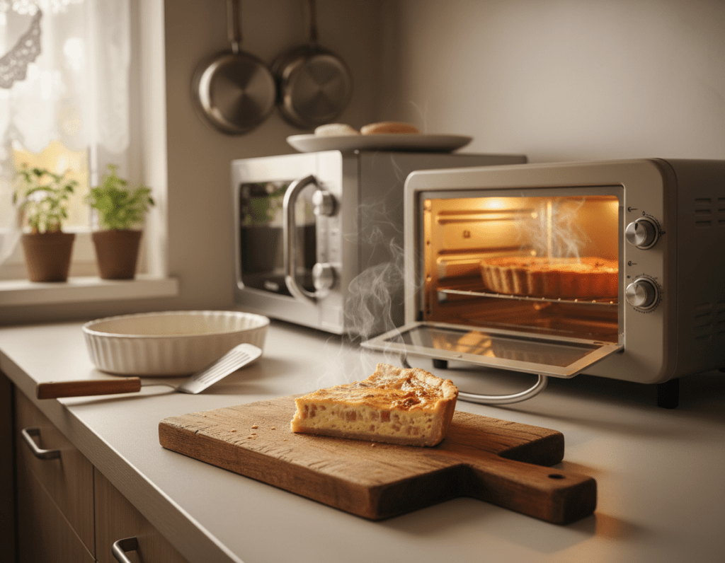 A clean kitchen countertop with a well-lit scene featuring a beautifully baked Quiche Lorraine set on a rustic wooden cutting board. In the foreground, a gently steaming slice of quiche is being carefully reheated in a small oven or toaster oven, showcasing golden crust edges and creamy filling. The middle ground displays various warming tools such as a microwave, a ceramic dish, and a spatula. The background features a cozy kitchen ambiance with soft, warm lighting, including a window allowing natural light to filter in, enhancing the inviting atmosphere. There is no clutter, and the composition should evoke a sense of comfort and culinary delight, focusing solely on the art of reheating quiche without compromising quality.