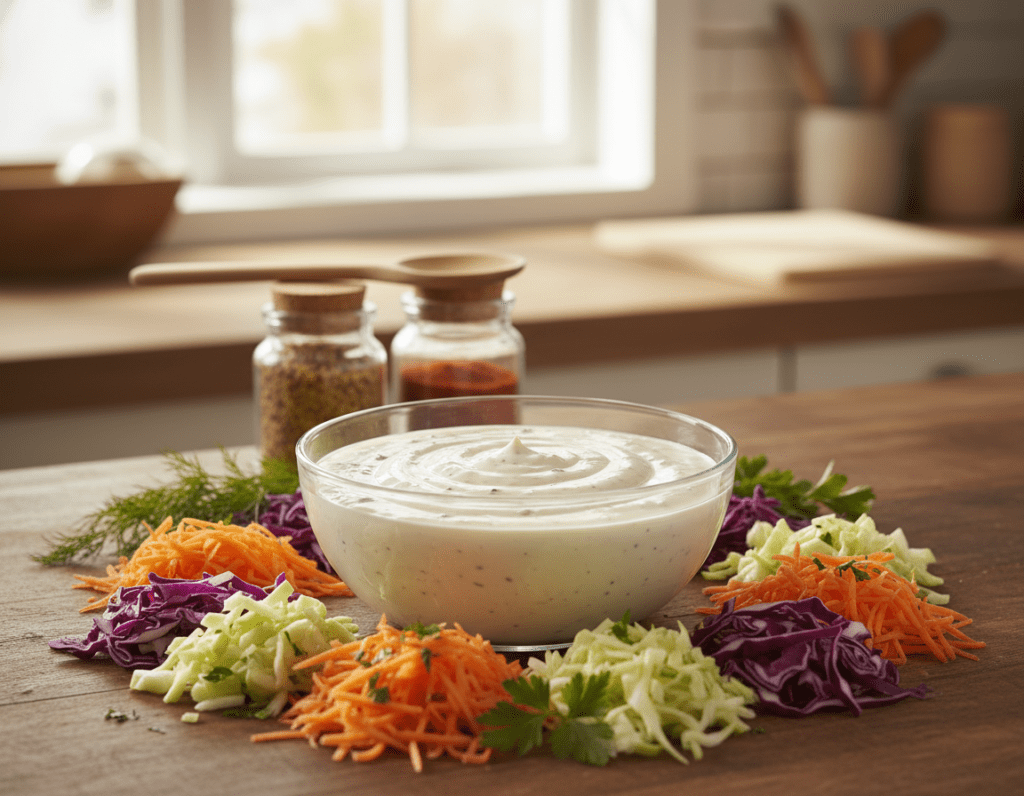 A close-up arrangement of coleslaw dressing ingredients on a wooden countertop. In the foreground, there's a glass bowl filled with creamy dressing made from mayonnaise, vinegar, sugar, and spices, surrounded by a vibrant array of colorful ingredients: shredded carrots, chopped cabbage, and fresh herbs. The middle ground features small glass containers holding mustard and spices, alongside a wooden spoon. The background is softly blurred, showing a rustic kitchen setting with natural light streaming through a window, creating a warm and inviting atmosphere. The image captures the essence of freshness and homemade goodness, evoking a sense of culinary creativity. The focus is sharp on the dressing and ingredients, with a smooth, shallow depth of field to emphasize the details. A close-up arrangement of coleslaw dressing ingredients on a wooden countertop. In the foreground, there's a glass bowl filled with creamy dressing made from mayonnaise, vinegar, sugar, and spices, surrounded by a vibrant array of colorful ingredients: shredded carrots, chopped cabbage, and fresh herbs. The middle ground features small glass containers holding mustard and spices, alongside a wooden spoon. The background is softly blurred, showing a rustic kitchen setting with natural light streaming through a window, creating a warm and inviting atmosphere. The image captures the essence of freshness and homemade goodness, evoking a sense of culinary creativity. The focus is sharp on the dressing and ingredients, with a smooth, shallow depth of field to emphasize the details.