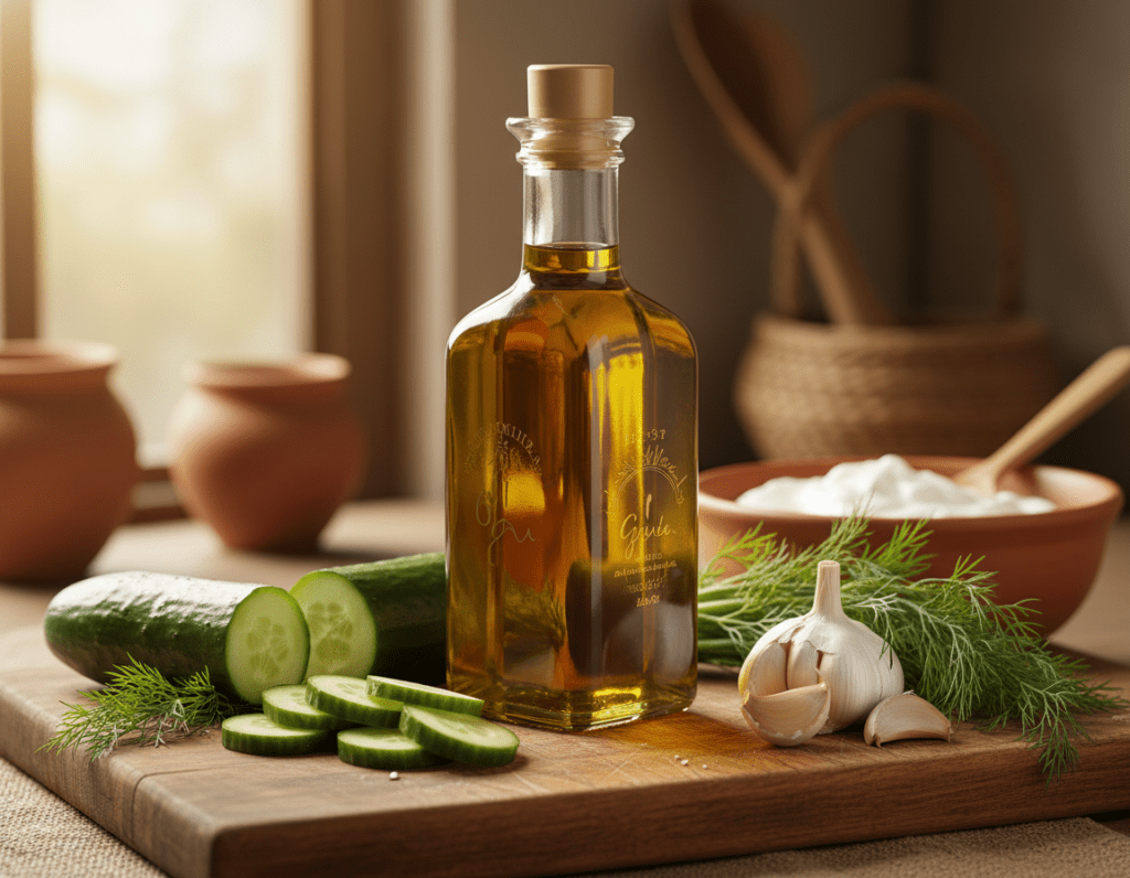 A close-up arrangement of high-quality ingredients for making authentic Greek Tzatziki, focusing on a bottle of golden olive oil with a textured glass surface, evoking a sense of luxury. Surround the olive oil with fresh, vibrant cucumbers, bright garlic cloves, and sprigs of fragrant dill. In the background, include a rustic wooden cutting board, softly illuminated by warm, natural light that enhances the colors and textures of the ingredients. The setting should convey a cozy kitchen atmosphere, inviting and full of life, perfect for culinary inspiration. Capture this scene from a slightly elevated angle, emphasizing the olive oil as the star ingredient, with a shallow depth of field to softly blur the background, creating a comforting, appetizing vibe. A close-up arrangement of high-quality ingredients for making authentic Greek Tzatziki, focusing on a bottle of golden olive oil with a textured glass surface, evoking a sense of luxury. Surround the olive oil with fresh, vibrant cucumbers, bright garlic cloves, and sprigs of fragrant dill. In the background, include a rustic wooden cutting board, softly illuminated by warm, natural light that enhances the colors and textures of the ingredients. The setting should convey a cozy kitchen atmosphere, inviting and full of life, perfect for culinary inspiration. Capture this scene from a slightly elevated angle, emphasizing the olive oil as the star ingredient, with a shallow depth of field to softly blur the background, creating a comforting, appetizing vibe.