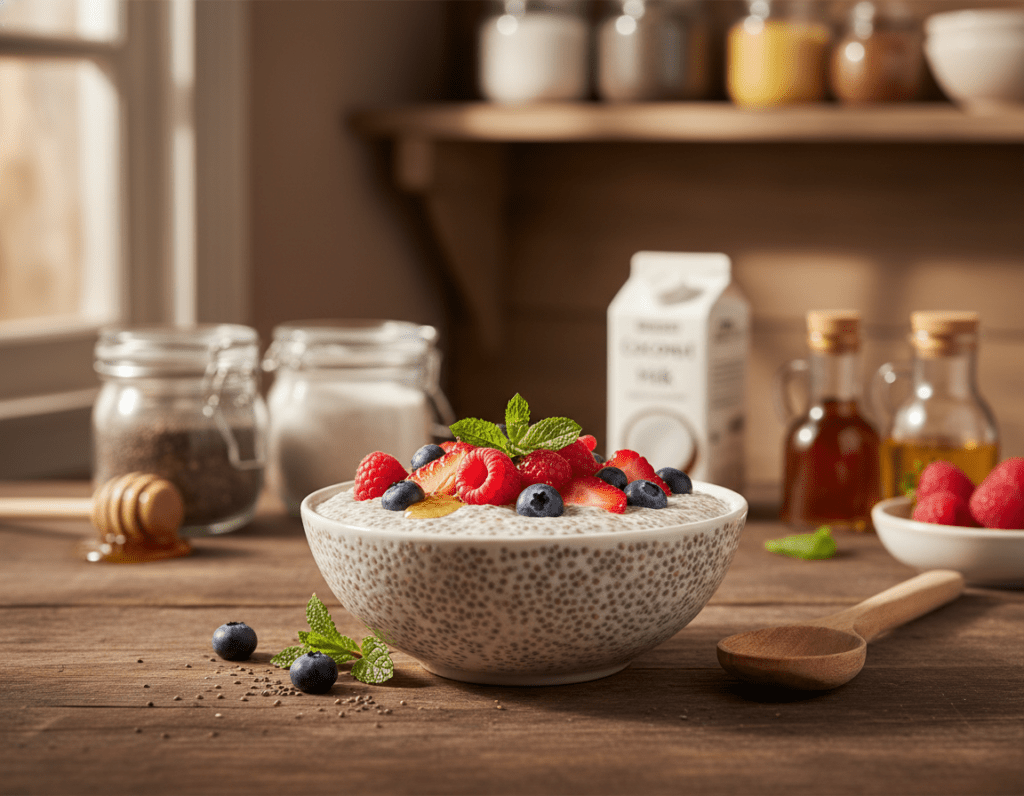 A close-up, beautifully arranged bowl of chia pudding in a rustic kitchen setting. The foreground features the creamy, textured pudding topped with fresh berries, a sprig of mint, and a drizzle of honey, creating a vibrant contrast. In the middle, a wooden spoon rests next to the bowl, emphasizing the homemade aspect. The background is softly blurred, revealing shelves with jars of ingredients like chia seeds, coconut milk, and natural sweeteners, suggesting an inviting cooking space. Soft, warm lighting filters through a window, casting gentle shadows and creating a cozy atmosphere. The focus is on the pudding, illustrating the process of chia seeds swelling to create the perfect texture, evoking a sense of health and homemade goodness.