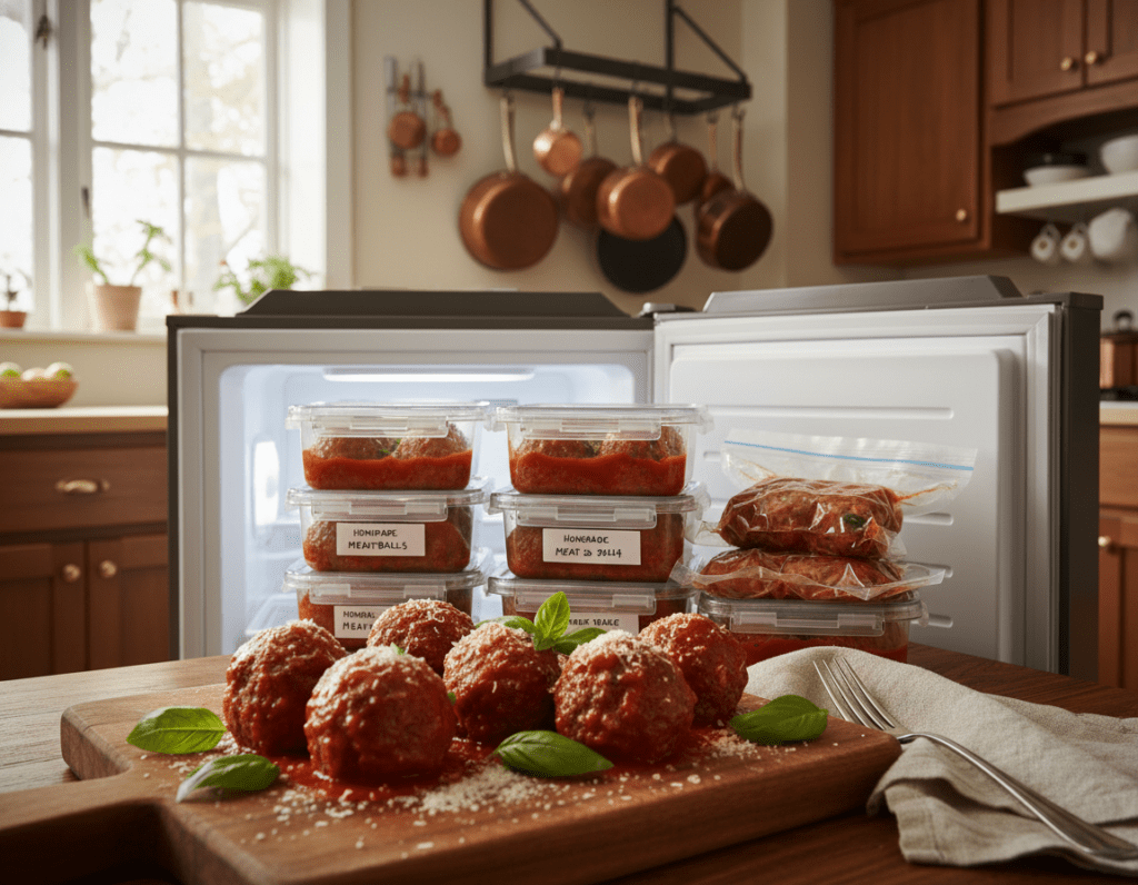 A close-up, beautifully arranged kitchen scene showcasing a platter of freshly made meatballs, glistening in tomato sauce. In the foreground, a few meatballs sit on a rustic wooden cutting board, garnished with fresh basil leaves. The middle ground features an open freezer stocked with neatly stored containers filled with meatballs, some labeled and others stored safely in clear bags, emphasizing proper organization. In the background, soft light from a window creates a warm, inviting atmosphere, highlighting the homey kitchen setup with wooden cabinets and pots hanging on the walls. The image captures the essence of preparation and storage, evoking a sense of comfort and homeliness, perfect for culinary enthusiasts. A close-up, beautifully arranged kitchen scene showcasing a platter of freshly made meatballs, glistening in tomato sauce. In the foreground, a few meatballs sit on a rustic wooden cutting board, garnished with fresh basil leaves. The middle ground features an open freezer stocked with neatly stored containers filled with meatballs, some labeled and others stored safely in clear bags, emphasizing proper organization. In the background, soft light from a window creates a warm, inviting atmosphere, highlighting the homey kitchen setup with wooden cabinets and pots hanging on the walls. The image captures the essence of preparation and storage, evoking a sense of comfort and homeliness, perfect for culinary enthusiasts.