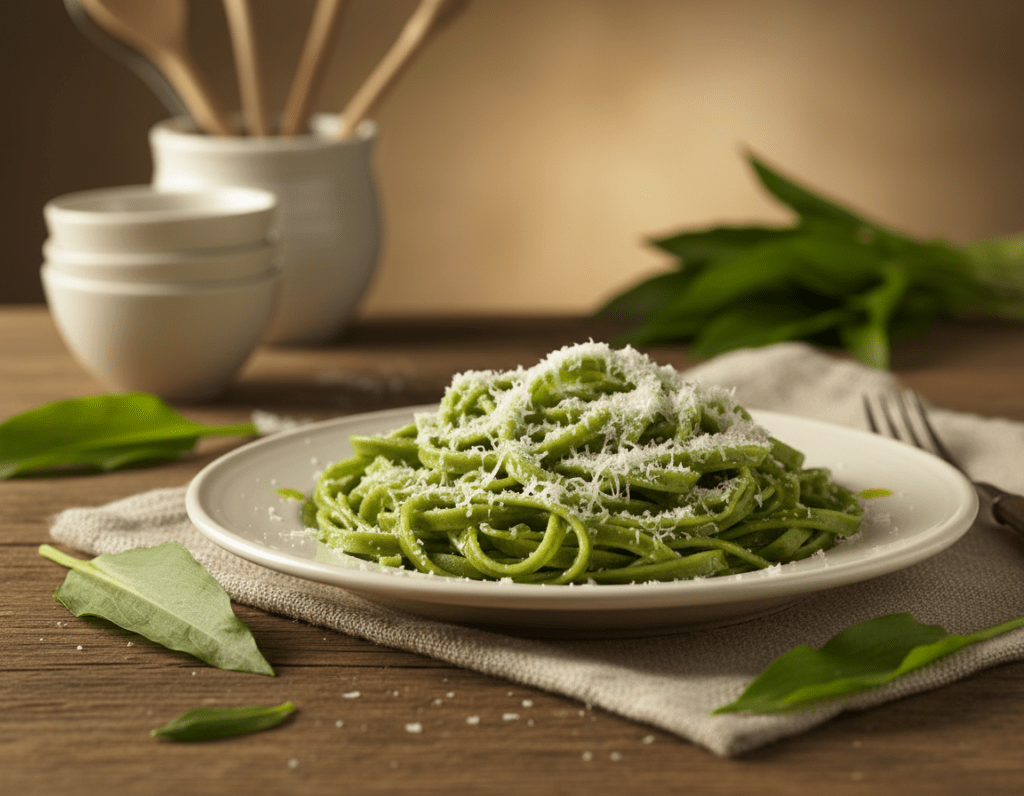 A close-up, beautifully arranged plate of Bärlauch pasta, showcasing the vibrant green of the wild garlic blended into the dough. The pasta is artfully twisted and topped with a sprinkle of freshly grated Parmesan cheese and a drizzle of olive oil, creating a glossy finish. In the foreground, a wooden table is adorned with a rustic cloth, and a few wild garlic leaves are scattered around, enhancing the natural theme. In the background, soft-focused kitchen utensils and ingredients are visible, hinting at a cozy cooking space with warm, inviting lighting. The atmosphere is fresh and inviting, capturing the essence of homemade pasta preparation. The image should be well-lit, emphasizing the pasta's texture, with a shallow depth of field that draws the viewer's attention to the dish.