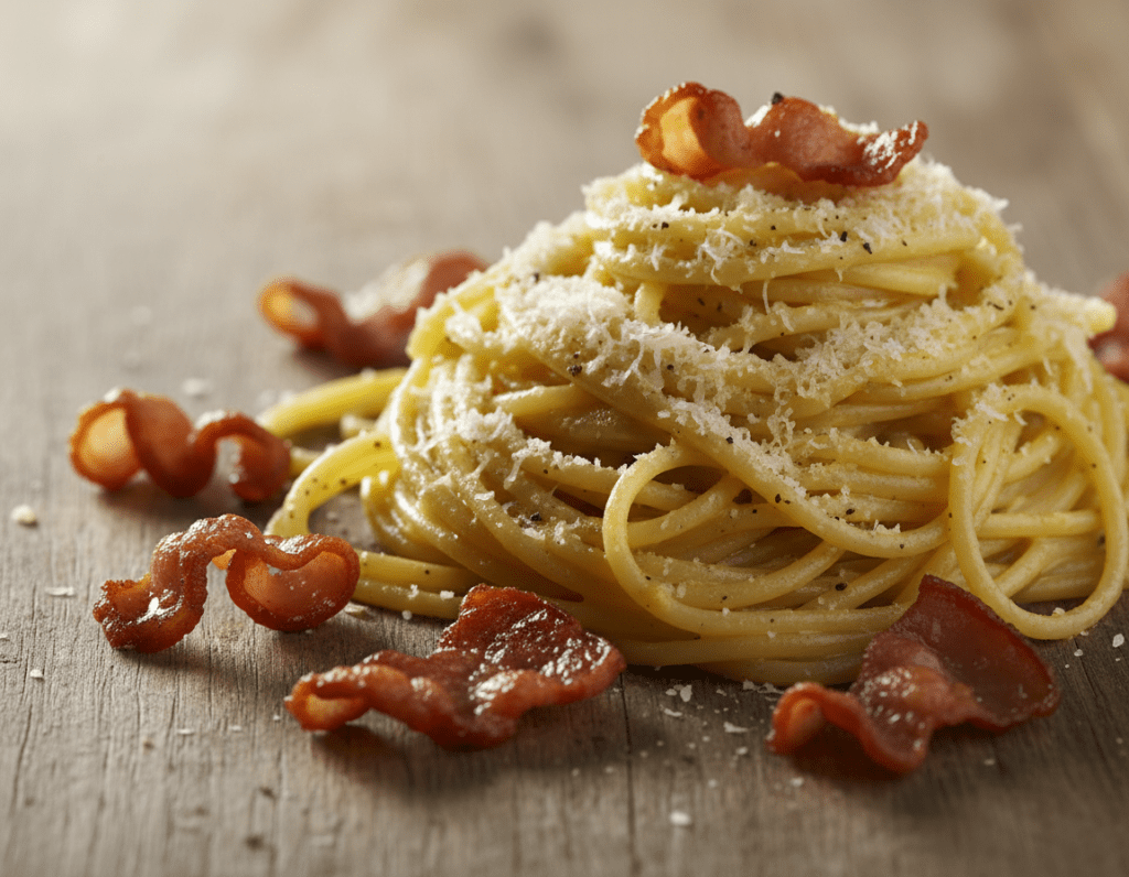 A close-up composition capturing a beautifully arranged plate of authentic Spaghetti Carbonara, highlighting guanciale as the star ingredient. In the foreground, chunks of rich, cured guanciale—crispy on the edges—are scattered artfully around the pasta, glistening with a light sheen. In the middle ground, the spaghetti, perfectly al dente, is coated in a creamy, golden sauce flecked with black pepper and sprinkled with freshly grated Pecorino Romano. The background features a rustic wooden table, subtly blurred, enhancing the focus on the dish. Soft natural lighting filters in from the side, creating a warm and inviting atmosphere. The angle is slightly overhead, giving a dynamic view that showcases the textures and colors of each element, emphasizing the luxuriousness of authentic Italian cooking.