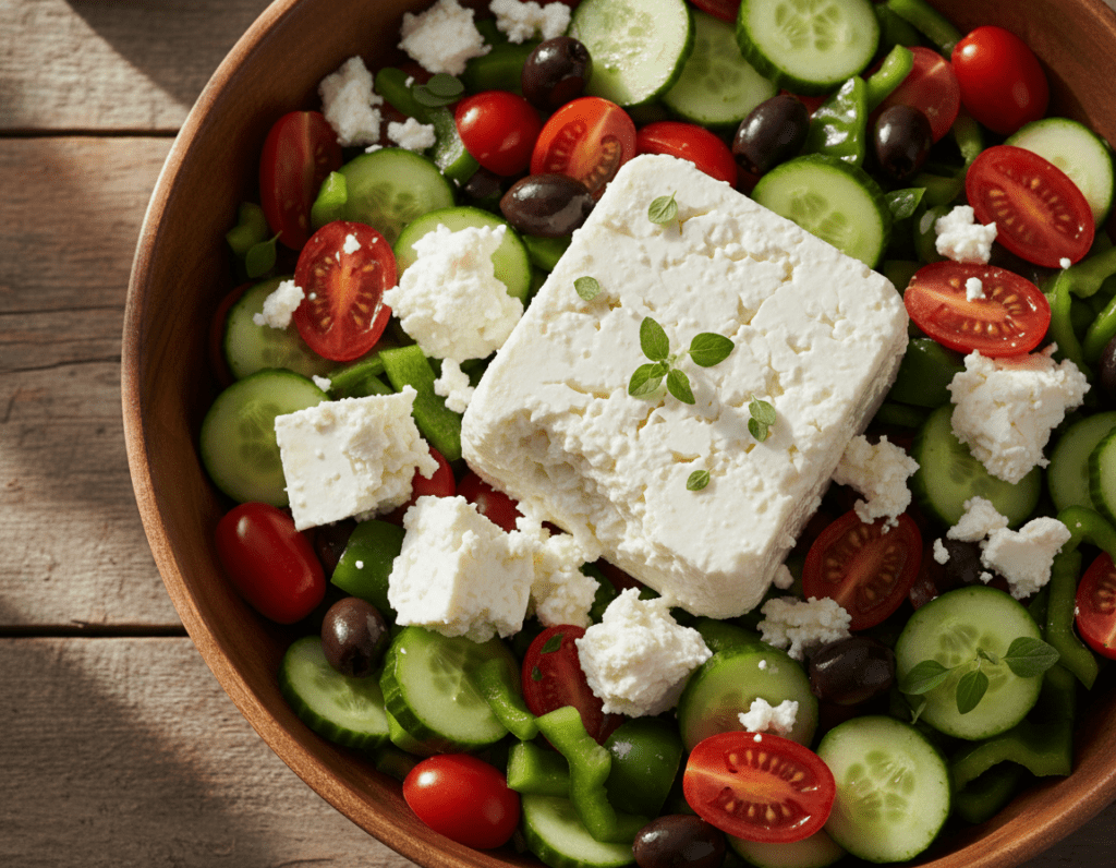 A close-up composition of a block of feta cheese, crumbled feta sprinkled on a vibrant Greek salad, featuring fresh ingredients like ripe red tomatoes, crisp cucumbers, black olives, and green bell peppers. The feta should appear creamy and slightly textured, showcasing its white color contrasted against the colorful salad. In the background, a rustic wooden table adds warmth, with natural daylight filtering through, creating soft shadows that enhance the textures of the food. The camera angle should be overhead, capturing the rich colors and freshness of the ingredients, evoking a bright and inviting atmosphere that highlights feta cheese as the centerpiece of the dish.