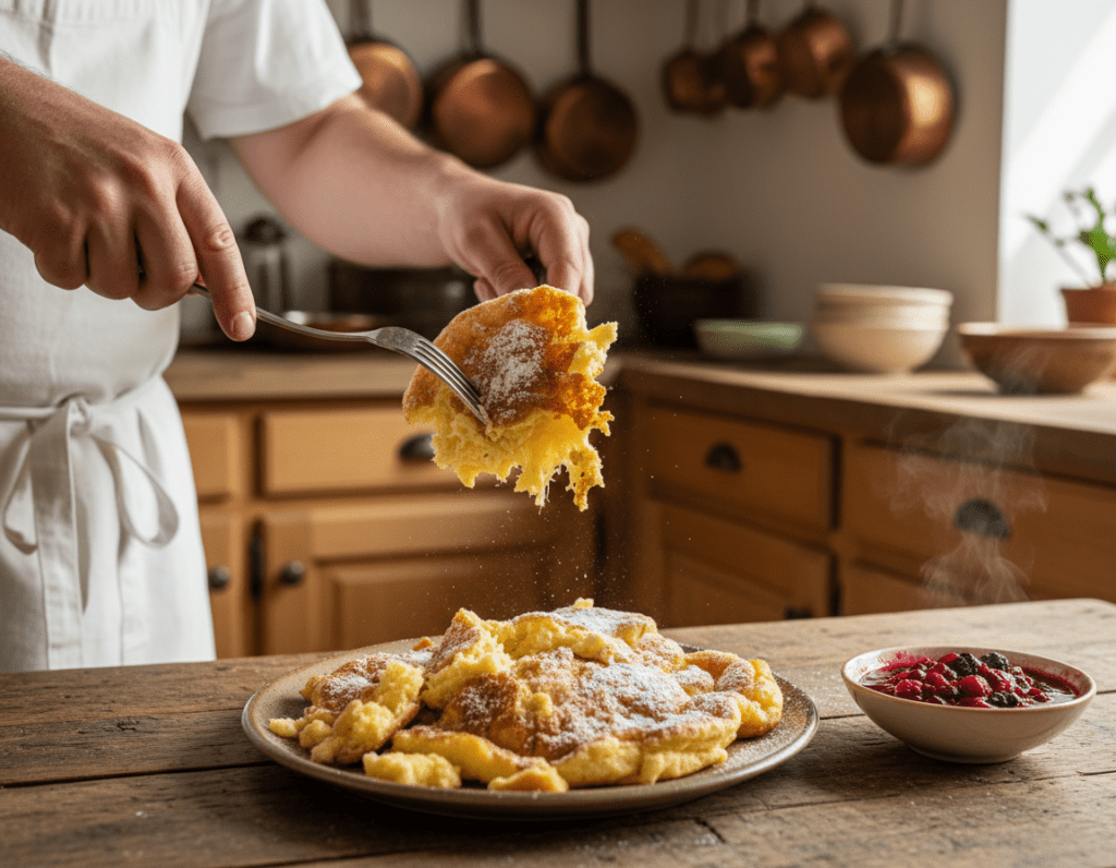 A close-up, dynamic scene of a chef skillfully tearing apart a golden, fluffy Kaiserschmarrn in a rustic kitchen setting. The foreground features the chef's hands elegantly grasping a fork and a spatula, pulling apart the pancake with a satisfying tear. In the middle, a beautifully plated portion of Kaiserschmarrn, dusted with powdered sugar and adorned with a side of homemade fruit compote, sits on a wooden table. The background showcases warm wooden cabinets, traditional kitchen utensils, and soft, natural lighting that creates a cozy, inviting atmosphere. The mood is one of culinary creativity and warmth, emphasizing the technique of tearing the dish. Use a slightly overhead angle to capture the action and the details in the kitchen. A close-up, dynamic scene of a chef skillfully tearing apart a golden, fluffy Kaiserschmarrn in a rustic kitchen setting. The foreground features the chef's hands elegantly grasping a fork and a spatula, pulling apart the pancake with a satisfying tear. In the middle, a beautifully plated portion of Kaiserschmarrn, dusted with powdered sugar and adorned with a side of homemade fruit compote, sits on a wooden table. The background showcases warm wooden cabinets, traditional kitchen utensils, and soft, natural lighting that creates a cozy, inviting atmosphere. The mood is one of culinary creativity and warmth, emphasizing the technique of tearing the dish. Use a slightly overhead angle to capture the action and the details in the kitchen.