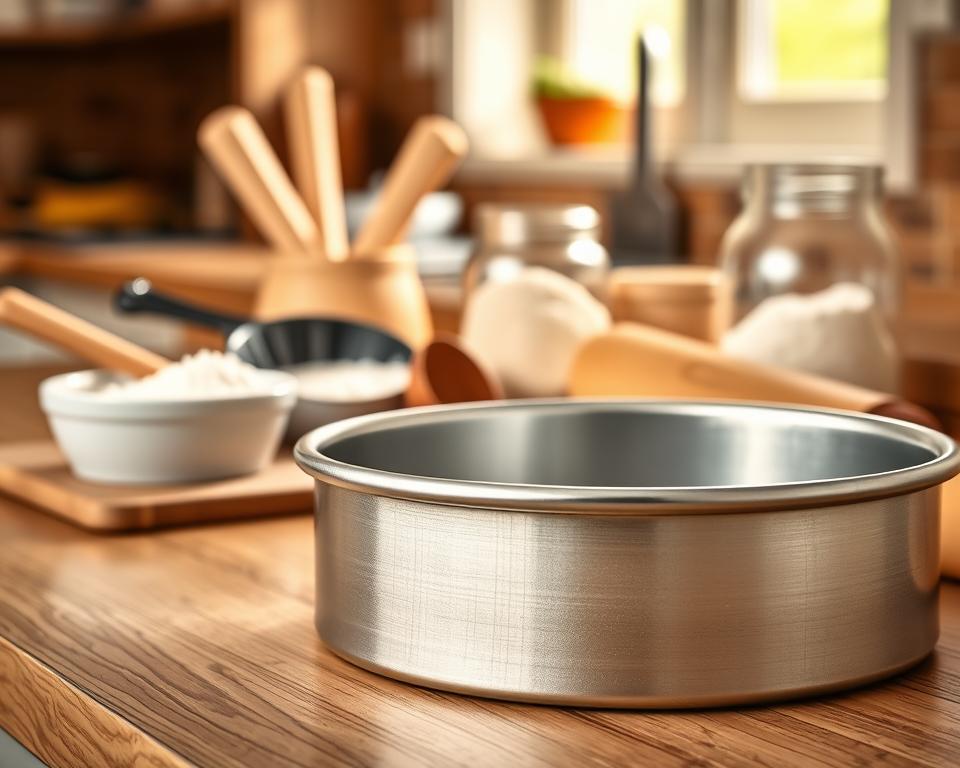 A close-up image of a 24 cm springform cake pan, showcasing its sleek metallic surface with a polished finish, set against a wooden kitchen countertop. The foreground features the springform pan prominently displayed, with a slight angle to emphasize its depth and structure. In the middle, a variety of baking utensils such as a wooden spoon, measuring cups, and sifted flour create an inviting baking atmosphere. The background is softly blurred, hinting at a cozy kitchen space with warm sunlight streaming through a window, casting gentle shadows. The overall mood is inviting and homely, perfectly portraying the essentials for baking a chocolate cake. Soft, natural lighting enhances the metallic shine of the springform pan, creating a warm and appetizing scene.