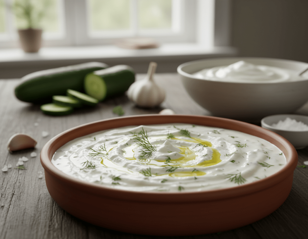 A close-up image of a delicious, creamy bowl of homemade tzatziki with fresh cucumbers, garlic, and herbs, beautifully arranged in the foreground. The tzatziki should have a smooth texture, topped with a drizzle of olive oil and a sprinkle of fresh dill for garnish. In the middle, a rustic wooden table serves as the setting, adorned with a few ingredients used in the recipe, such as cucumbers, yogurt, garlic, and a small bowl of salt. The background features soft, natural lighting filtering through a window, creating a warm and inviting atmosphere that evokes the essence of home cooking. The image should have a shallow depth of field, focusing on the tzatziki while softly blurring the ingredients behind, emphasizing the inviting simplicity of preparing this classic dish. A close-up image of a delicious, creamy bowl of homemade tzatziki with fresh cucumbers, garlic, and herbs, beautifully arranged in the foreground. The tzatziki should have a smooth texture, topped with a drizzle of olive oil and a sprinkle of fresh dill for garnish. In the middle, a rustic wooden table serves as the setting, adorned with a few ingredients used in the recipe, such as cucumbers, yogurt, garlic, and a small bowl of salt. The background features soft, natural lighting filtering through a window, creating a warm and inviting atmosphere that evokes the essence of home cooking. The image should have a shallow depth of field, focusing on the tzatziki while softly blurring the ingredients behind, emphasizing the inviting simplicity of preparing this classic dish.