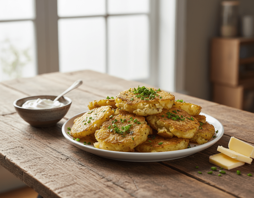 A close-up image of a rustic wooden table featuring a plate of perfectly smashed potatoes, golden brown and crispy on the edges, with a sprinkle of fresh herbs like parsley and chives on top. The creamy texture of the inside is visible, contrasting beautifully with the crunchy exterior. In the background, a softly diffused natural light filters through a nearby window, casting gentle shadows that add depth to the scene. A small bowl of sour cream and a few slices of butter are artfully placed next to the potatoes, emphasizing the dish’s richness. The atmosphere is warm and inviting, perfect for a cozy meal setting. There are no text overlays or distractions, allowing the focus to remain solely on the delicious smashed potatoes.