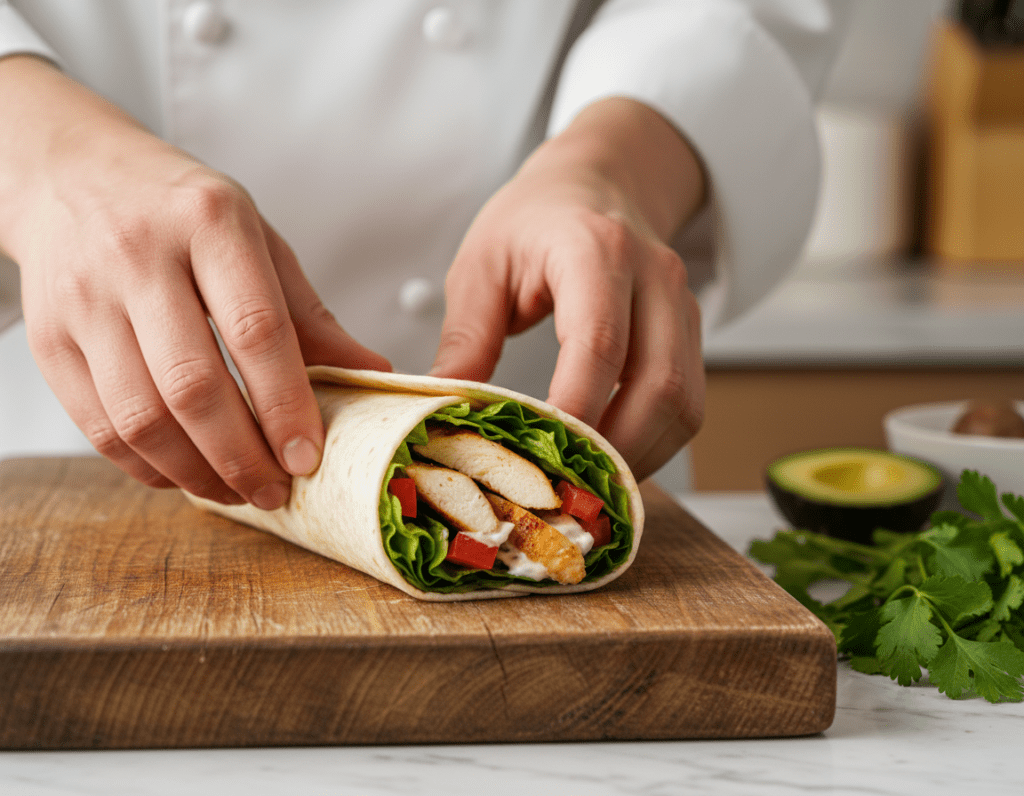 A close-up image of an expertly rolled chicken wrap, showcasing the vibrant ingredients inside, including grilled chicken slices, fresh lettuce, diced tomatoes, and creamy sauce. The wrap, perfectly tight, sits on a rustic wooden cutting board. In the foreground, a chef's hands, clad in a white chef coat, are gently folding the wrap, demonstrating the rolling technique. In the background, a blurred kitchen setting with warm, inviting lighting highlights a clean countertop with additional ingredients like avocados and herbs. The overall mood is warm and inviting, emphasizing the homemade aspect of preparing delicious chicken wraps. The image is shot with a shallow depth of field to focus on the wrap, enhancing the textural details and colors of the ingredients.