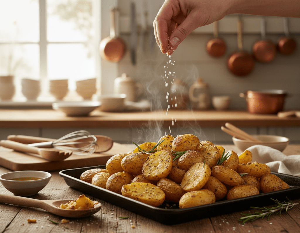 A close-up image of beautifully baked crispy oven potatoes arranged on a rustic wooden table. The potatoes have a golden-brown, crunchy skin with steam gently rising, indicating their crispiness. In the foreground, sprinkle fresh herbs like rosemary and sea salt over the potatoes, enhancing the texture. The middle ground reveals a wooden spoon and some cooking utensils, hinting at preparation. The background features a soft-focus kitchen setting, with warm, inviting lighting casting a cozy atmosphere. The scene conveys the perfection of well-cooked oven potatoes while subtly illustrating common mistakes to avoid, like not overcrowding the baking tray or using insufficient oil. The angle captures both the potatoes and the inviting kitchen environment seamlessly. A close-up image of beautifully baked crispy oven potatoes arranged on a rustic wooden table. The potatoes have a golden-brown, crunchy skin with steam gently rising, indicating their crispiness. In the foreground, sprinkle fresh herbs like rosemary and sea salt over the potatoes, enhancing the texture. The middle ground reveals a wooden spoon and some cooking utensils, hinting at preparation. The background features a soft-focus kitchen setting, with warm, inviting lighting casting a cozy atmosphere. The scene conveys the perfection of well-cooked oven potatoes while subtly illustrating common mistakes to avoid, like not overcrowding the baking tray or using insufficient oil. The angle captures both the potatoes and the inviting kitchen environment seamlessly.