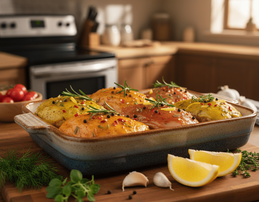 A close-up image of marinated chicken breasts prepared for baking. The chicken is beautifully glazed with a variety of marinades, showcasing vibrant colors and textures; include herbs like rosemary and thyme sprinkled atop, along with a mix of spices. In the foreground, a cutting board featuring additional marinade ingredients such as garlic cloves, lemon wedges, and fresh herbs for visual contrast. The middle ground highlights the marinated chicken in a stylish ceramic dish ready to be placed in the oven. In the background, a softly lit kitchen with warm, ambient lighting creates an inviting atmosphere. Shot with a shallow depth of field, giving focus to the chicken while gently blurring the background elements for a cozy, home-cooked feel.
