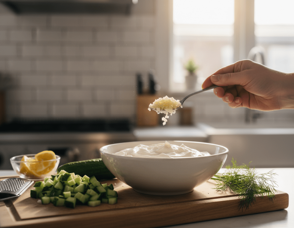 A close-up image showing a hand carefully measuring minced garlic with a small spoon, surrounded by fresh ingredients for making Zaziki. In the foreground, the hand holds a spoon filled with vibrant, finely minced garlic, contrasting against a wooden cutting board. In the middle, a bowl of creamy yogurt sits next to chopped cucumbers and sprigs of fresh dill, emphasizing a clean and fresh preparation space. The background features a well-lit kitchen with soft natural light filtering through a window, creating a warm and inviting atmosphere. The composition focuses on the precise amount of garlic being added, highlighting the process of dosaging for perfect flavor balance in Zaziki. The overall mood is fresh, culinary-focused, and inviting. A close-up image showing a hand carefully measuring minced garlic with a small spoon, surrounded by fresh ingredients for making Zaziki. In the foreground, the hand holds a spoon filled with vibrant, finely minced garlic, contrasting against a wooden cutting board. In the middle, a bowl of creamy yogurt sits next to chopped cucumbers and sprigs of fresh dill, emphasizing a clean and fresh preparation space. The background features a well-lit kitchen with soft natural light filtering through a window, creating a warm and inviting atmosphere. The composition focuses on the precise amount of garlic being added, highlighting the process of dosaging for perfect flavor balance in Zaziki. The overall mood is fresh, culinary-focused, and inviting.