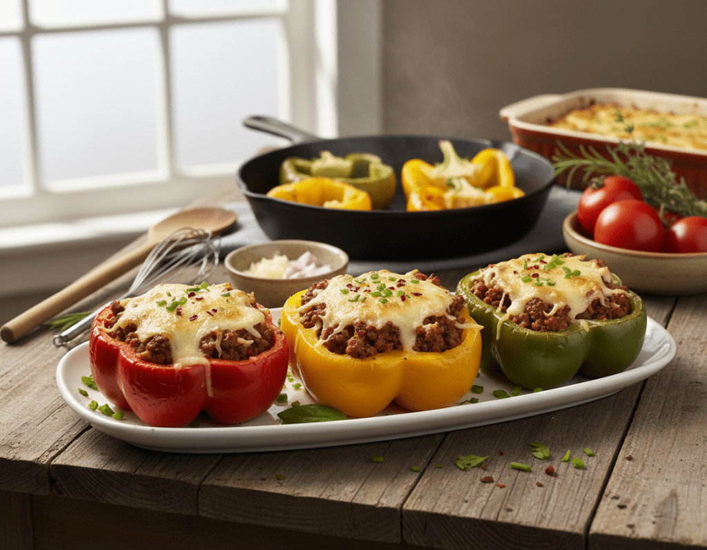 A close-up of a beautifully arranged platter of stuffed bell peppers in a rustic kitchen setting. The foreground features vibrant red, yellow, and green peppers, artfully filled with a savory mixture of rice, meat, and herbs, topped with melted cheese. In the background, a warm wooden table is adorned with cooking utensils, fresh herbs, and a hint of a baking dish peeking out, emphasizing a cozy cooking atmosphere. Soft, natural lighting filters through a nearby window, casting gentle shadows and highlighting the textures of the peppers and ingredients. The mood is inviting and warm, encapsulating the essence of home-cooked meals while subtly illustrating the theme of avoiding common mistakes in preparing stuffed peppers.