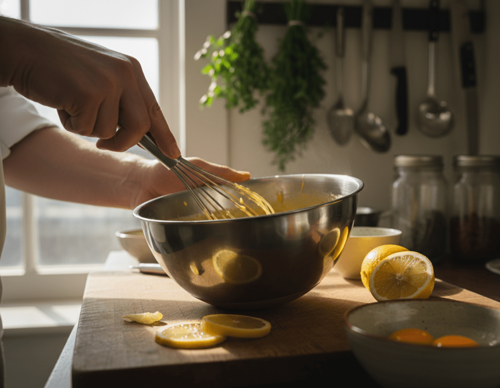 A close-up of a chef's hands skillfully whisking a creamy sauce into a vibrant yellow color, enhanced with egg yolk and a splash of fresh lemon juice. The sauce is rich and smooth, reflecting light from a nearby window, creating a warm and inviting atmosphere. In the foreground, a wooden cutting board holds a few lemon slices and a small bowl of egg yolks, while the background reveals a softly blurred kitchen setting with herbs and cooking utensils, adding depth to the scene. The lighting is soft and natural, casting gentle shadows, conveying a calm and focused culinary environment, perfect for illustrating the art of refining sauce.