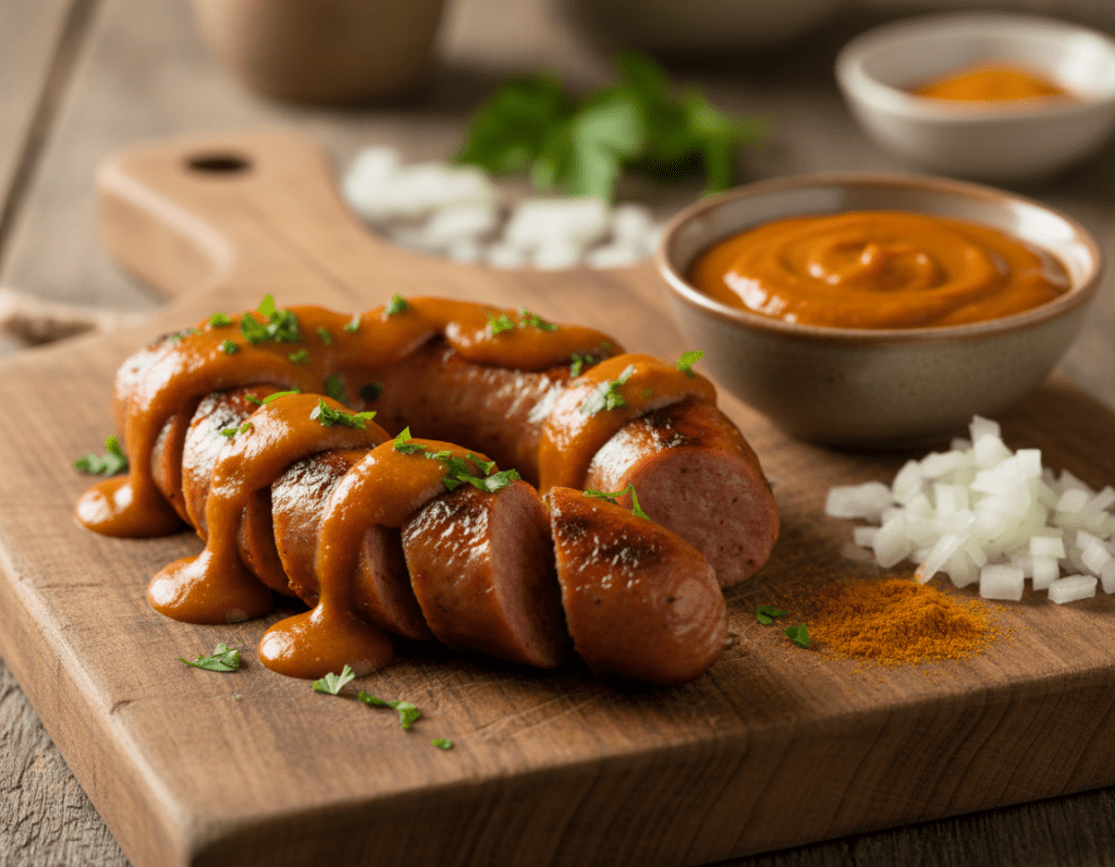 A close-up of a delicious Berliner Currywurst on a wooden serving board, garnished with fresh parsley and drizzled with homemade curry sauce, showcasing rich orange and brown tones. The sausage is perfectly grilled, with crispy edges revealing juicy meat inside. In the background, a small bowl of homemade curry sauce sits next to a sprinkle of curry powder and some chopped onions, creating an inviting and vibrant atmosphere. Natural warm lighting illuminates the scene, emphasizing the textures and colors of the dish. The image is taken from a slightly elevated angle, capturing the luscious details of the Currywurst and sauce, evoking a feeling of warmth and comfort, perfect for food lovers. A close-up of a delicious Berliner Currywurst on a wooden serving board, garnished with fresh parsley and drizzled with homemade curry sauce, showcasing rich orange and brown tones. The sausage is perfectly grilled, with crispy edges revealing juicy meat inside. In the background, a small bowl of homemade curry sauce sits next to a sprinkle of curry powder and some chopped onions, creating an inviting and vibrant atmosphere. Natural warm lighting illuminates the scene, emphasizing the textures and colors of the dish. The image is taken from a slightly elevated angle, capturing the luscious details of the Currywurst and sauce, evoking a feeling of warmth and comfort, perfect for food lovers.