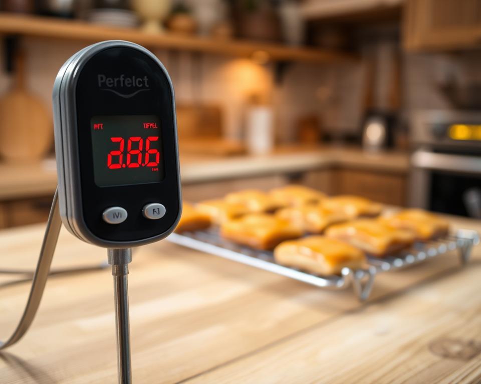 A close-up of a digital thermometer displaying the optimal baking temperature for Greek desserts, set against a rustic wooden kitchen countertop. In the foreground, the thermometer's sleek display shows a bright red number indicating perfect heat. In the middle, freshly baked Greek pastries, like baklava and loukoum, rest on a cooling rack, golden and glistening with honey syrup. The background is softly blurred, revealing a warm, inviting kitchen with a hint of an oven showing a soft glow. The scene has warm, natural lighting flowing from a nearby window, creating a cozy atmosphere. Capture the essence of baking perfection, focusing on the thermometer as a vital tool in achieving the right texture and moisture in these delightful treats.