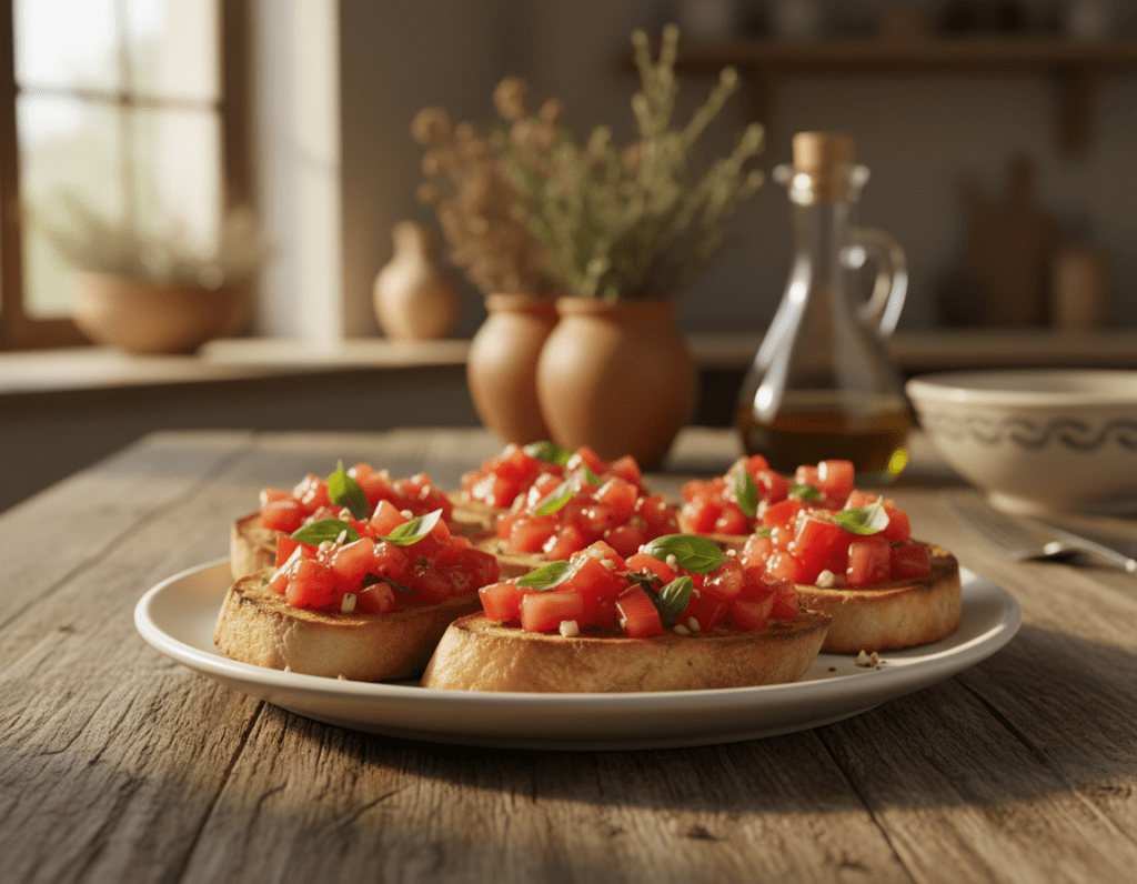 A close-up of a rustic wooden table featuring a beautifully arranged plate of classic Italian bruschetta topped with fresh, diced tomatoes, fragrant basil, and finely minced garlic. A drizzle of high-quality olive oil glistens over the bruschetta, accentuating its vibrant colors. In the background, there are softly blurred elements of a Mediterranean kitchen, with herb garnishes and a bottle of olive oil beckoning. The lighting is warm and inviting, reminiscent of golden hour, casting soft shadows that enhance the textures of the bread and toppings. A shallow depth of field focuses on the bruschetta while keeping the background elements harmoniously blurred, creating a cozy and appetizing atmosphere that reflects the essence of traditional Italian cuisine. A close-up of a rustic wooden table featuring a beautifully arranged plate of classic Italian bruschetta topped with fresh, diced tomatoes, fragrant basil, and finely minced garlic. A drizzle of high-quality olive oil glistens over the bruschetta, accentuating its vibrant colors. In the background, there are softly blurred elements of a Mediterranean kitchen, with herb garnishes and a bottle of olive oil beckoning. The lighting is warm and inviting, reminiscent of golden hour, casting soft shadows that enhance the textures of the bread and toppings. A shallow depth of field focuses on the bruschetta while keeping the background elements harmoniously blurred, creating a cozy and appetizing atmosphere that reflects the essence of traditional Italian cuisine.