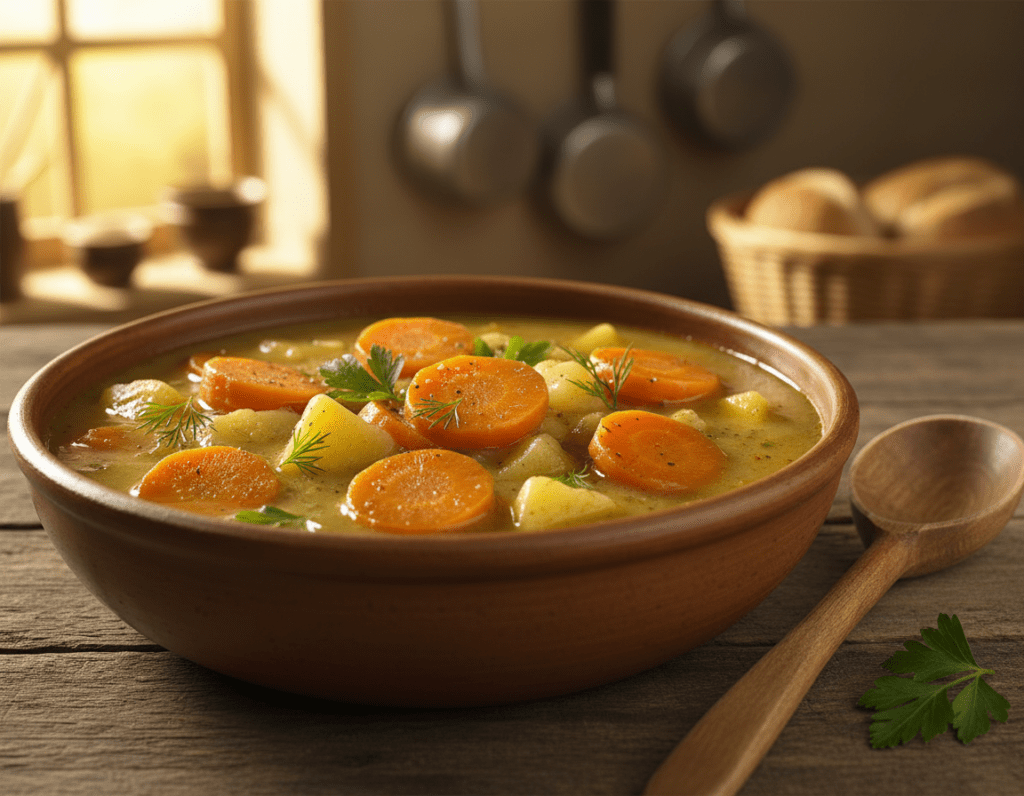 A close-up of a vibrant Möhreneintopf in a rustic ceramic bowl, showcasing the dish's rich texture and color. The foreground features the stew, with bright orange carrots, tender potatoes, and green herbs, emphasizing the creamy consistency. In the middle ground, a wooden spoon lies beside the bowl, hinting at a homey cooking atmosphere. The background softly blurs into a cozy kitchen setting, with warm, inviting lighting filtering through a window, casting gentle shadows. The mood is warm and comforting, evoking a sense of wholesome home-cooked meals. The focus is on the Möhreneintopf’s hearty appearance, with no text or distractions in the scene.
