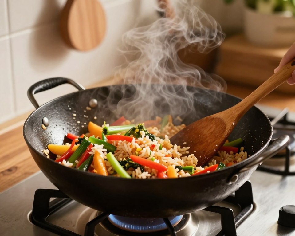 A close-up of a vibrant wok filled with colorful mixed vegetables and rice, sizzling over a gas stovetop. The wok is glossy, showcasing rich textures, and a wooden spatula rests beside it, hinting at preparation. In the background, a cozy kitchen setting with warm lighting creates an inviting atmosphere, with soft shadows accentuating the kitchen utensils. The focus is on the wok itself, with steam rising in a dynamic and appetizing way. Use a shallow depth of field to blur the background slightly, highlighting the cooking process as the focal point. The overall ambiance is warm and homely, embodying a sense of comfort and culinary creativity.
