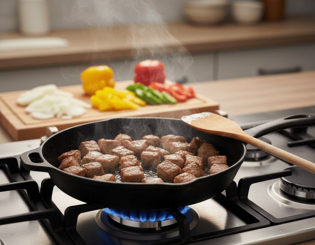 A close-up of diced meat sizzling in a hot frying pan, placed on a modern gas stove. The meat is a mix of tender sliced pork and beef, glistening with a light sheen of oil, releasing aromatic steam. In the foreground, a wooden spatula rests next to the pan, ready to stir. In the middle background, colorful bell peppers and onions are neatly arranged on a chopping board, hinting at the dish to come. Soft, warm lighting illuminates the scene, creating a cozy kitchen atmosphere. A shallow depth of field blurs the kitchen ambiance slightly, drawing the viewer's focus to the perfectly searing meat. The mood is inviting and culinary, perfect for inspiring home cooking.