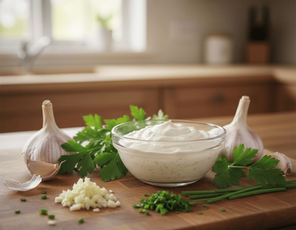 A close-up of homemade garlic sauce made with fresh ingredients, elegantly displayed in a small glass bowl, surrounded by vibrant, whole garlic bulbs, and green herbs like parsley and chives. The foreground features a wooden cutting board with chopped garlic and herbs scattered around, showcasing the preparation process. The middle layer includes the glass bowl with rich, creamy garlic sauce, capturing its texture and color. In the background, a softly blurred kitchen atmosphere with warm, natural lighting creates a cozy and inviting mood, highlighting the culinary theme. This scene emphasizes the freshness and appeal of making garlic sauce from scratch, inviting viewers to appreciate its homemade quality.