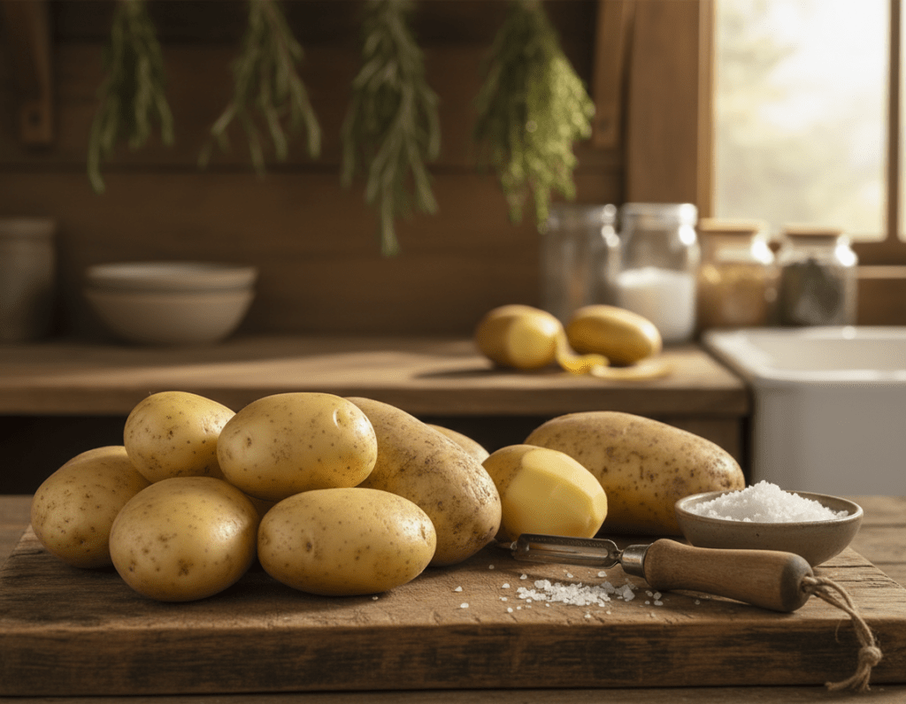 A close-up scene featuring a variety of potatoes ideal for creamy mashed potatoes, such as Yukon Gold and Russet potatoes. The foreground highlights a rustic wooden cutting board adorned with smooth, pale-skinned potatoes, their textures subtly reflecting soft, natural light. In the middle ground, a vintage peeler and a small bowl of sea salt add to the culinary aesthetic. The background showcases a cozy kitchen setting, with soft-focus elements like hanging herbs and warm wooden shelves, creating a homely atmosphere. The lighting is warm and inviting, simulating the golden hour, enriching the colors. The overall mood evokes a sense of comfort and homeliness, perfect for a cooking theme, inviting viewers to appreciate the selection of the right potatoes for creamy mashed potatoes. A close-up scene featuring a variety of potatoes ideal for creamy mashed potatoes, such as Yukon Gold and Russet potatoes. The foreground highlights a rustic wooden cutting board adorned with smooth, pale-skinned potatoes, their textures subtly reflecting soft, natural light. In the middle ground, a vintage peeler and a small bowl of sea salt add to the culinary aesthetic. The background showcases a cozy kitchen setting, with soft-focus elements like hanging herbs and warm wooden shelves, creating a homely atmosphere. The lighting is warm and inviting, simulating the golden hour, enriching the colors. The overall mood evokes a sense of comfort and homeliness, perfect for a cooking theme, inviting viewers to appreciate the selection of the right potatoes for creamy mashed potatoes.