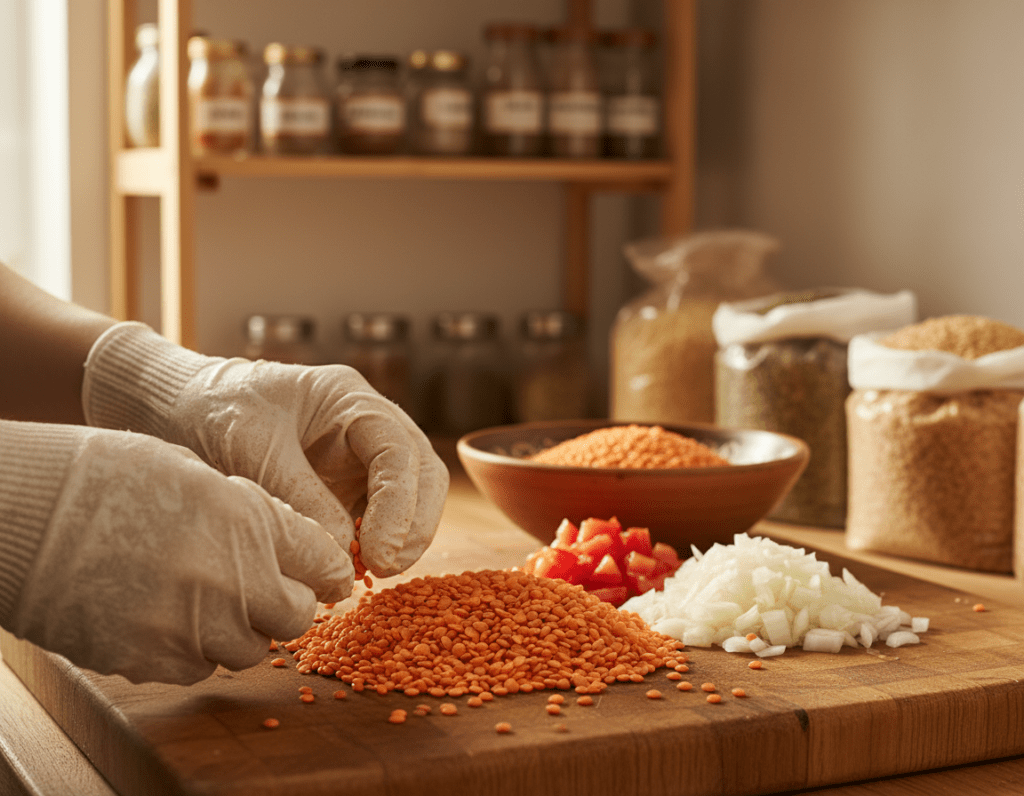A close-up scene of preparing red lentils in a well-lit kitchen. In the foreground, a wooden cutting board displays a vibrant pile of rinsed red lentils, glistening with water droplets. A pair of hands, wearing modest kitchen gloves, gently sort through the lentils, removing any debris. The middle ground features a rustic bowl filled with additional uncooked lentils and a variety of colorful vegetables like diced tomatoes and chopped onions ready for soup preparation. In the background, softly blurred, there are shelves filled with spices and ingredients, setting a cozy, homely atmosphere. The warm, natural lighting creates a welcoming ambiance, enhancing the earthy tones of the lentils and vegetables while conveying a sense of culinary inspiration.