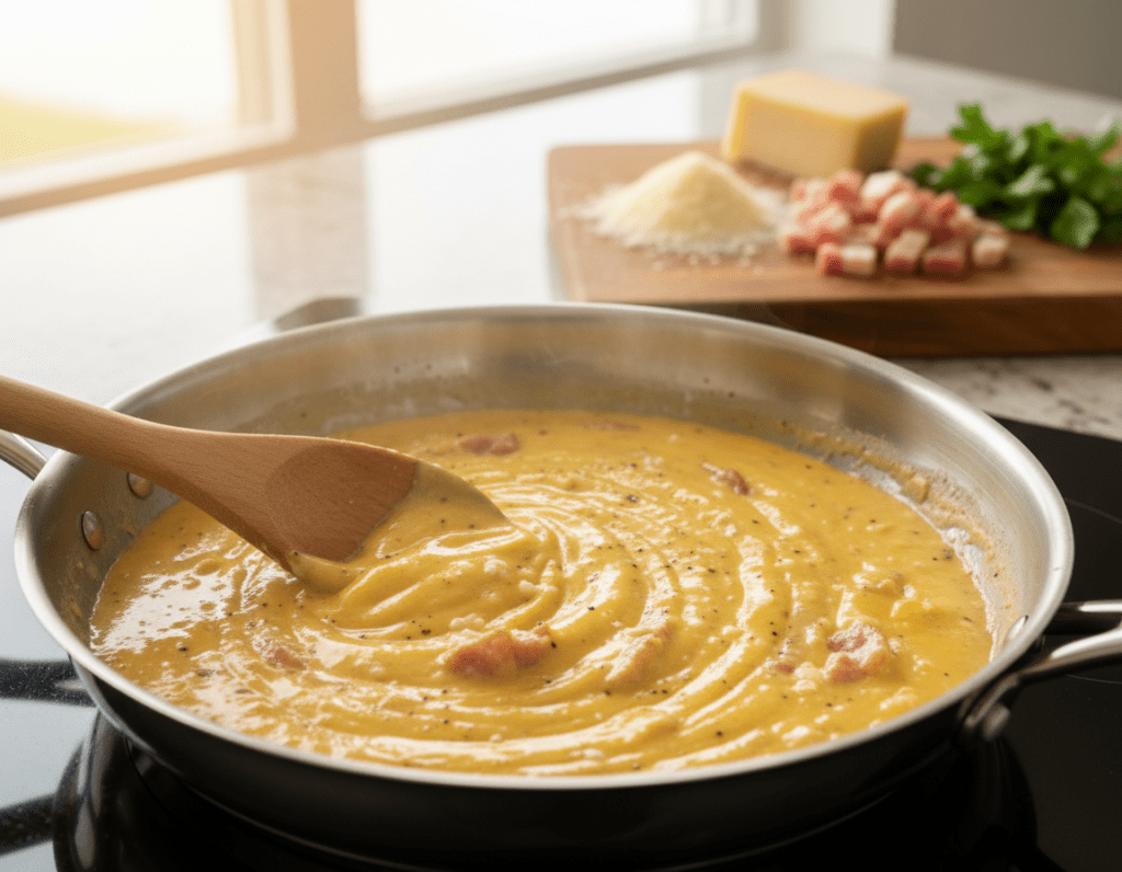 A close-up shot of a creamy Carbonara sauce being stirred in a stainless steel pan on a modern kitchen countertop. The foreground features the sauce swirling with a silky, glossy texture, highlighting the blend of egg yolks, cheese, and pepper. In the background, a well-organized kitchen with soft, natural lighting streams through a nearby window, illuminating fresh ingredients like grated Parmesan, pancetta, and a handful of parsley on a wooden cutting board. The atmosphere is warm and inviting, suggesting the comfort of home cooking. Capture the scene from a slightly elevated angle to emphasize the creamy consistency of the sauce and create an inviting culinary vibe.