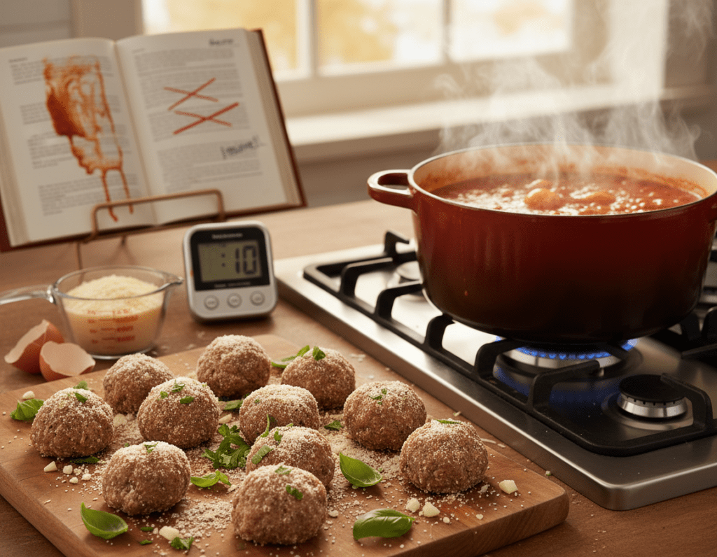 A close-up shot of a kitchen scene showcasing common mistakes in preparing meatballs. In the foreground, a chaotic cutting board with over-formed meatballs lacking uniform shape, scattered herbs, and breadcrumbs. The middle ground features an incorrectly set stove with a bubbling pot of tomato sauce, emitting steam. In the background, an open cookbook showing mismeasured ingredients and a kitchen timer showing an incorrect cooking time. The lighting is warm and inviting, mimicking natural kitchen light, with a soft focus to create a homely atmosphere. The camera angle should be slightly elevated, capturing the messiness of the preparation process but still emphasizing the delicious potential of the dish, evoking a sense of learning and improvement. A close-up shot of a kitchen scene showcasing common mistakes in preparing meatballs. In the foreground, a chaotic cutting board with over-formed meatballs lacking uniform shape, scattered herbs, and breadcrumbs. The middle ground features an incorrectly set stove with a bubbling pot of tomato sauce, emitting steam. In the background, an open cookbook showing mismeasured ingredients and a kitchen timer showing an incorrect cooking time. The lighting is warm and inviting, mimicking natural kitchen light, with a soft focus to create a homely atmosphere. The camera angle should be slightly elevated, capturing the messiness of the preparation process but still emphasizing the delicious potential of the dish, evoking a sense of learning and improvement.