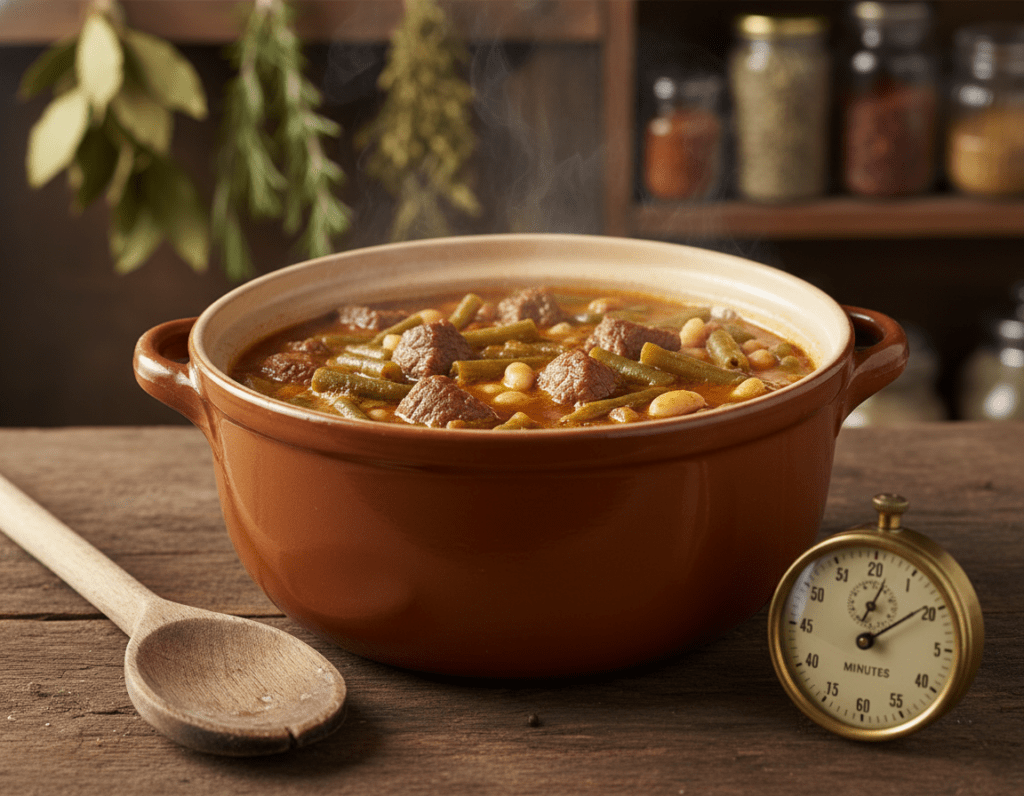 A close-up shot of a rustic kitchen countertop showcasing a bubbling pot of Bohneneintopf, filled with tender beef and vibrant green beans, simmering deliciously. In the foreground, a wooden spoon rests beside the pot, droplets of condensation visible on its surface. The middle layer features an old-fashioned kitchen timer set to the correct cooking time, emphasizing the importance of timing. Soft, warm lighting illuminates the scene, creating a cozy atmosphere, with subtle shadows enhancing the textures of the ingredients. In the background, blurred elements of a farmhouse kitchen, like hanging herbs and wooden shelves filled with spices, add depth while maintaining focus on the Bohneneintopf. The overall mood suggests a heartwarming, homely experience of cooking. A close-up shot of a rustic kitchen countertop showcasing a bubbling pot of Bohneneintopf, filled with tender beef and vibrant green beans, simmering deliciously. In the foreground, a wooden spoon rests beside the pot, droplets of condensation visible on its surface. The middle layer features an old-fashioned kitchen timer set to the correct cooking time, emphasizing the importance of timing. Soft, warm lighting illuminates the scene, creating a cozy atmosphere, with subtle shadows enhancing the textures of the ingredients. In the background, blurred elements of a farmhouse kitchen, like hanging herbs and wooden shelves filled with spices, add depth while maintaining focus on the Bohneneintopf. The overall mood suggests a heartwarming, homely experience of cooking.