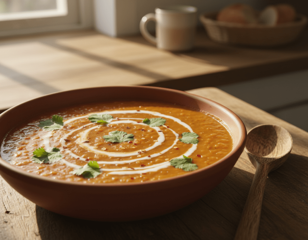 A close-up shot of a vibrant bowl of creamy red lentil soup topped with a swirl of coconut milk, garnished with fresh cilantro and a sprinkle of chili flakes. The foreground showcases the texture of the soup, highlighting its creamy consistency. In the middle ground, a rustic wooden spoon rests beside the bowl, inviting an artisanal feel. The background features a softly blurred kitchen setting with natural light streaming in through a window, casting gentle shadows that evoke warmth and comfort. The scene conveys a cozy atmosphere, perfect for a healthy meal. The colors should be rich, with earthy tones of red from the lentils and bright greens from the garnish, portraying the wholesome nature of the dish.