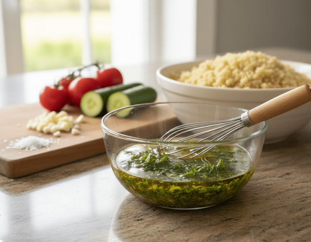 A close-up shot of a vibrant kitchen counter showcasing the preparation of a Bulgursalat dressing. In the foreground, a glass bowl filled with olive oil, fresh lemon juice, and finely chopped herbs like parsley and mint, with a whisk resting beside it. The middle layer features a wooden cutting board adorned with diced garlic and a sprinkle of salt. In the background, soft-focused, there are fresh vegetables like tomatoes and cucumbers, and a colorful bowl of bulgur salad waiting to be mixed. Natural light streams in from a nearby window, casting a warm glow and enhancing the freshness of the ingredients. The overall mood is inviting and cheerful, perfect for a cooking atmosphere. A close-up shot of a vibrant kitchen counter showcasing the preparation of a Bulgursalat dressing. In the foreground, a glass bowl filled with olive oil, fresh lemon juice, and finely chopped herbs like parsley and mint, with a whisk resting beside it. The middle layer features a wooden cutting board adorned with diced garlic and a sprinkle of salt. In the background, soft-focused, there are fresh vegetables like tomatoes and cucumbers, and a colorful bowl of bulgur salad waiting to be mixed. Natural light streams in from a nearby window, casting a warm glow and enhancing the freshness of the ingredients. The overall mood is inviting and cheerful, perfect for a cooking atmosphere.