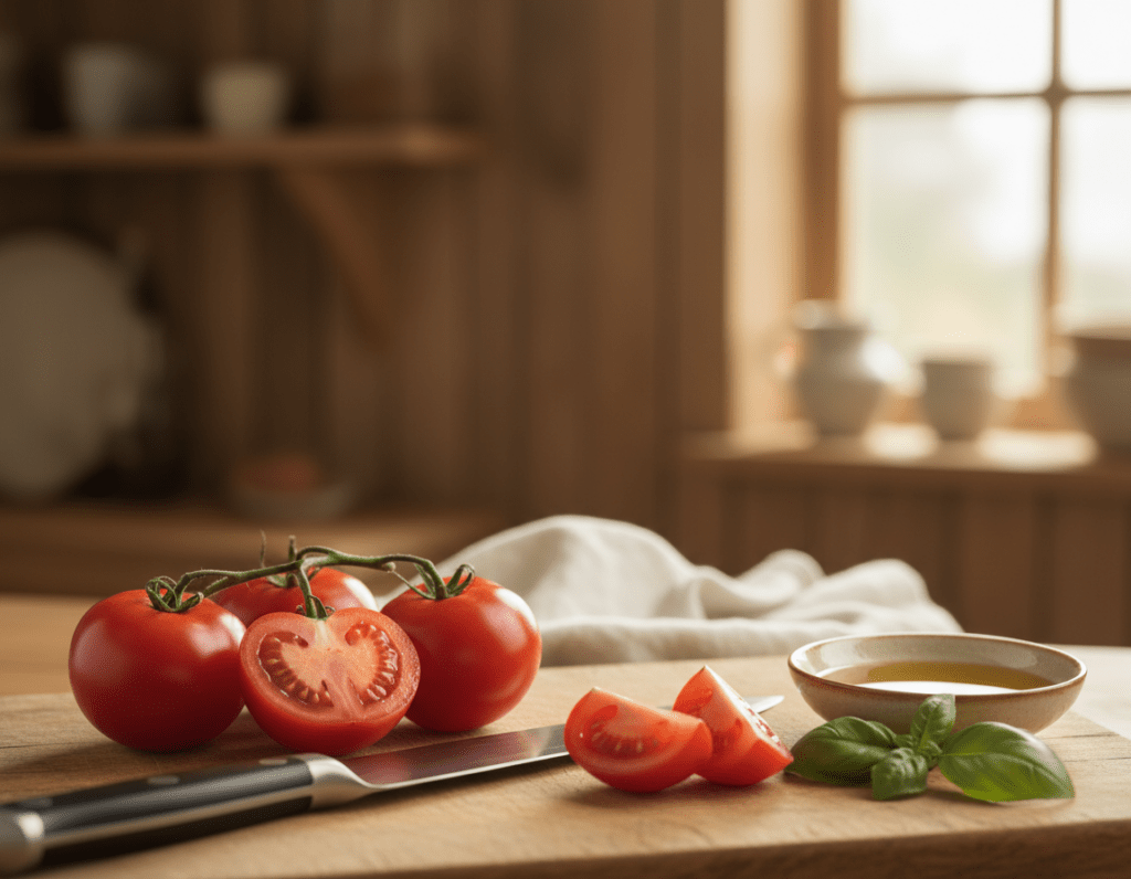 A close-up shot of fresh, ripe tomatoes being prepared for bruschetta. In the foreground, a wooden cutting board is adorned with vibrant red tomatoes, some halved, revealing their juicy interiors. A sharp chef's knife rests nearby, glistening under soft, natural light. In the middle ground, sprigs of fresh basil and a small bowl of extra virgin olive oil are featured, adding a touch of greenery and richness to the composition. The background softly blurs into a rustic kitchen setting, with warm, inviting tones and natural wooden textures creating a cozy atmosphere. The image exudes a sense of warmth and freshness, ideal for showcasing the essential preparation of tomatoes for the perfect bruschetta topping. The soft, diffused lighting highlights the freshness and texture of the ingredients. A close-up shot of fresh, ripe tomatoes being prepared for bruschetta. In the foreground, a wooden cutting board is adorned with vibrant red tomatoes, some halved, revealing their juicy interiors. A sharp chef's knife rests nearby, glistening under soft, natural light. In the middle ground, sprigs of fresh basil and a small bowl of extra virgin olive oil are featured, adding a touch of greenery and richness to the composition. The background softly blurs into a rustic kitchen setting, with warm, inviting tones and natural wooden textures creating a cozy atmosphere. The image exudes a sense of warmth and freshness, ideal for showcasing the essential preparation of tomatoes for the perfect bruschetta topping. The soft, diffused lighting highlights the freshness and texture of the ingredients.