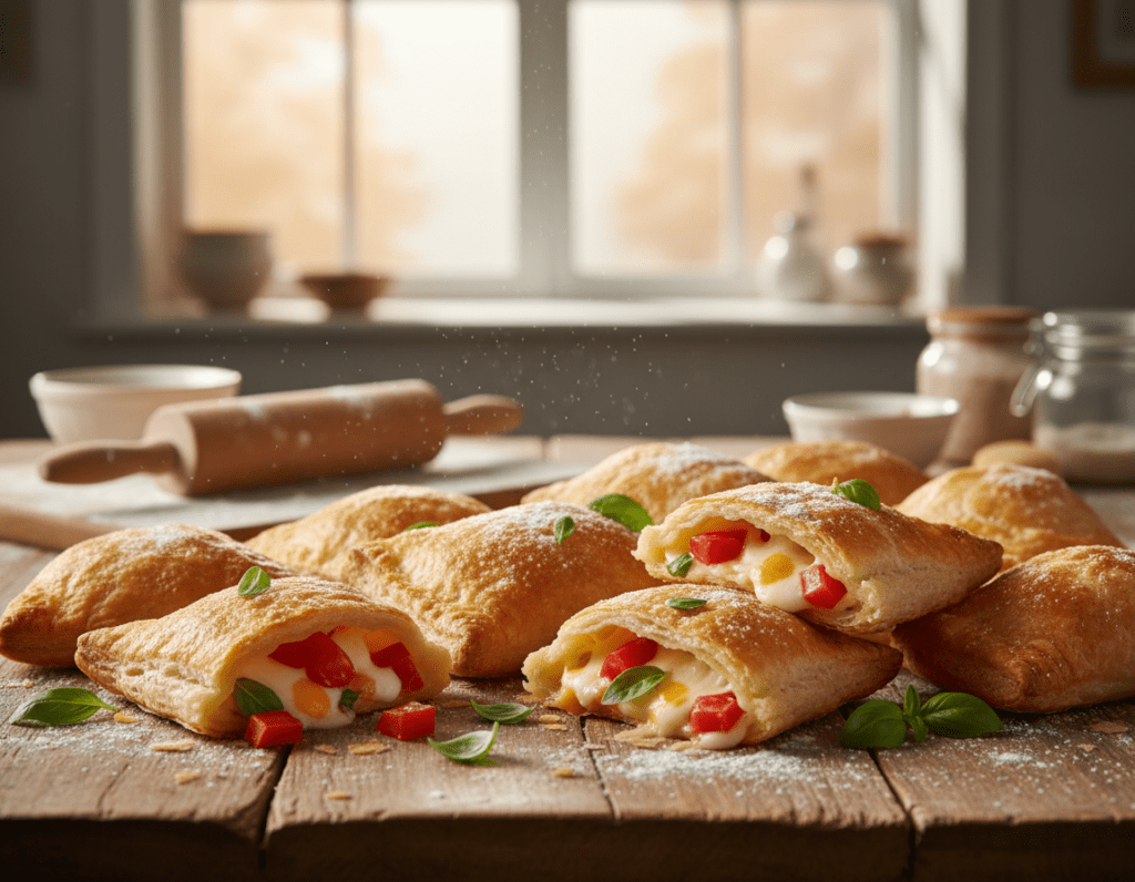A close-up shot of freshly baked puff pastry pizza pockets, golden brown and flaky, arranged on a rustic wooden table. The pastry is filled with melted cheese, vibrant red tomatoes, and herby basil, with some pockets slightly opened to show the delicious filling. Sprigs of basil and a dusting of flour scattered around enhance the visual appeal. In the background, soft natural lighting filters through a nearby window, casting gentle shadows and creating a warm, inviting atmosphere. A rolling pin and a flour-dusted surface can be seen, suggesting the preparation process, while a blurred kitchen setting adds a homey touch. The overall mood is cozy and appetizing, showcasing these savory snacks as ideal quick bites for gatherings or a casual meal.