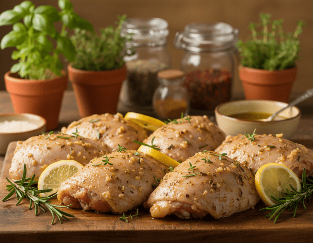A close-up shot of marinated chicken thighs resting on a rustic wooden cutting board, garnished with fresh rosemary and slices of lemon. The chicken is glazed with a rich, golden marinade made from olive oil, garlic, and herbs, showcasing the texture and sheen of the marinade. In the background, a soft-focus kitchen setting reveals herbs, spices, and a small bowl containing extra marinade. The lighting is warm and inviting, highlighting the vibrant colors of the ingredients while creating gentle shadows. Capture the essence of a home-cooked meal, evoking a comforting and mouth-watering atmosphere. Use a shallow depth of field to emphasize the chicken in the foreground, ensuring a clear focus on the main subject.
