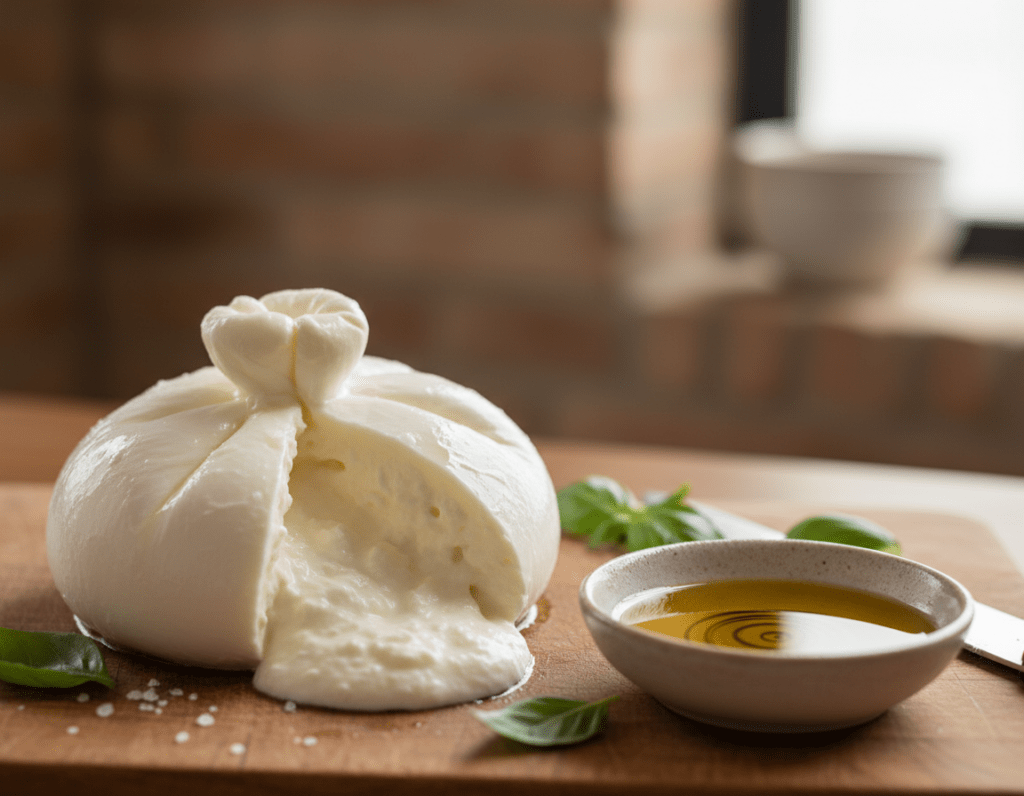 A close-up, vibrant display of fresh burrata cheese, showcasing its creamy texture and soft, slightly shiny exterior. The foreground features the burrata cut open, revealing the rich, gooey interior glistening under natural daylight. Surround it with fresh basil leaves and a sprinkle of sea salt for accentuation. In the middle ground, include a wooden cutting board and a small bowl of extra virgin olive oil with a drizzle pattern for a gourmet touch. The background should be softly blurred with a rustic kitchen ambiance, adding warmth and coziness. Use soft, diffused lighting to create a fresh, inviting mood, and aim for a shallow depth of field to highlight the burrata as the focal point.