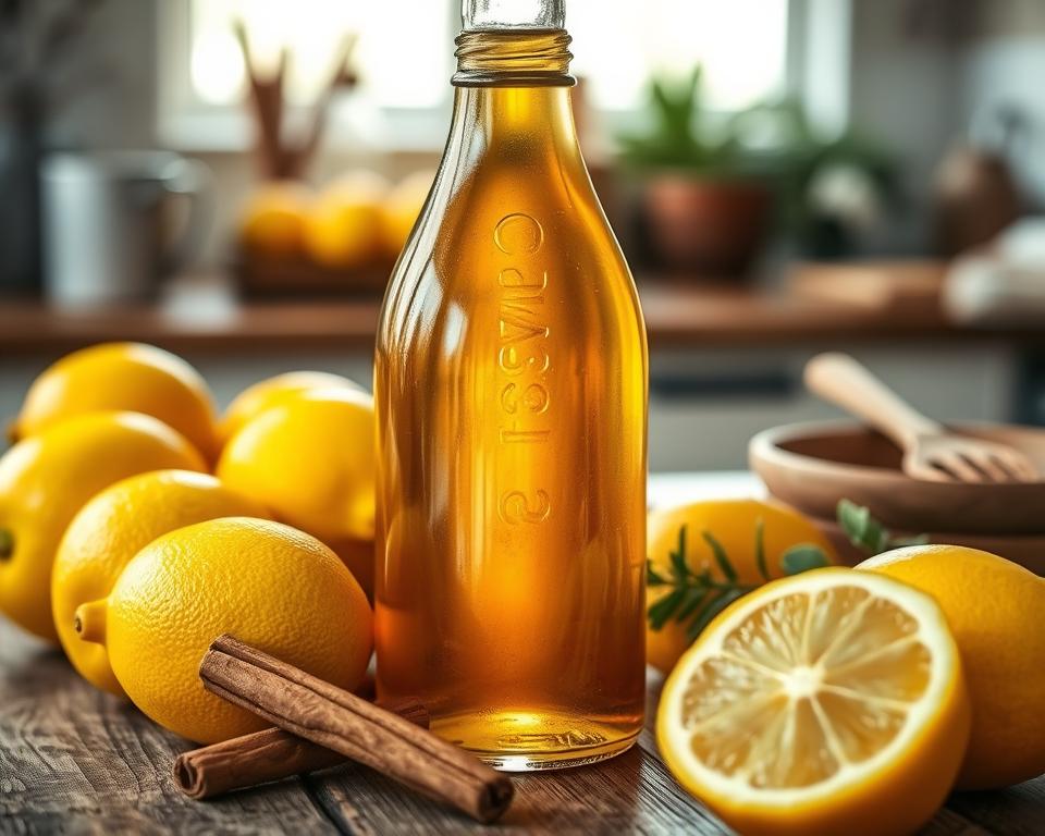 A close-up view of a beautifully arranged bottle of homemade lemon cinnamon syrup, set on a rustic wooden table. The syrup is golden and glistening, surrounded by fresh, bright yellow lemons and a few cinnamon sticks artistically placed nearby. In the background, there should be soft, natural light filtering in, creating a warm and inviting atmosphere that highlights the vibrant colors of the fresh ingredients. A subtle blur of a cozy kitchen can be seen, with hints of herbs and spices in the background to enhance the culinary context. The image should evoke a sense of homemade goodness and comfort, ideal for a dessert preparation theme.