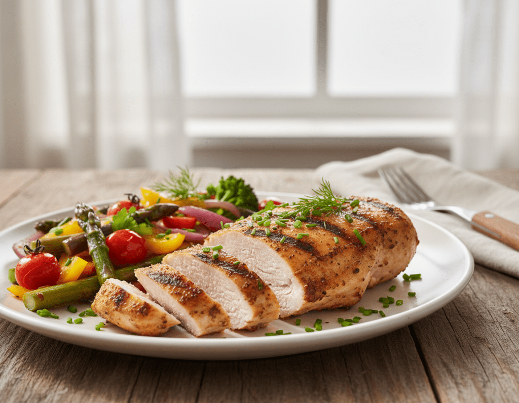 A close-up view of a beautifully arranged plate of cooked chicken breast, garnished with fresh herbs and accompanied by colorful, sautéed seasonal vegetables. The chicken displays a juicy, tender texture, with golden-brown, slightly charred edges that hint at grilling. In the background, a rustic wooden table adds warmth, with soft, natural lighting coming from a nearby window, creating inviting shadows. The overall atmosphere is healthy and appetizing, perfect for a culinary article. A soft focus on the background emphasizes the plate as the main subject. The photograph is captured with a shallow depth of field to enhance the details of the food, evoking a sense of freshness and nutrition. A close-up view of a beautifully arranged plate of cooked chicken breast, garnished with fresh herbs and accompanied by colorful, sautéed seasonal vegetables. The chicken displays a juicy, tender texture, with golden-brown, slightly charred edges that hint at grilling. In the background, a rustic wooden table adds warmth, with soft, natural lighting coming from a nearby window, creating inviting shadows. The overall atmosphere is healthy and appetizing, perfect for a culinary article. A soft focus on the background emphasizes the plate as the main subject. The photograph is captured with a shallow depth of field to enhance the details of the food, evoking a sense of freshness and nutrition.